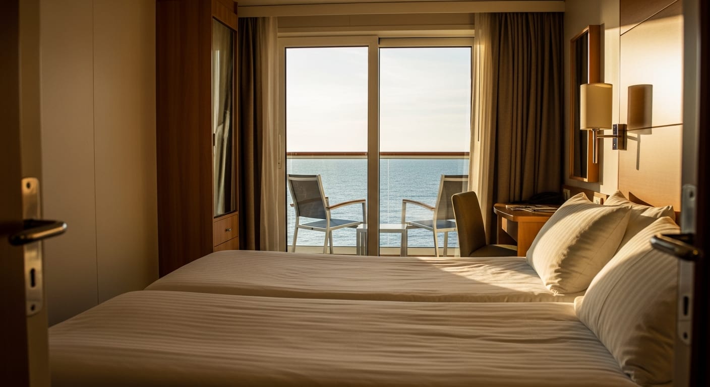 Cordelia cruise balcony cabin interior with ocean view through the sliding glass door