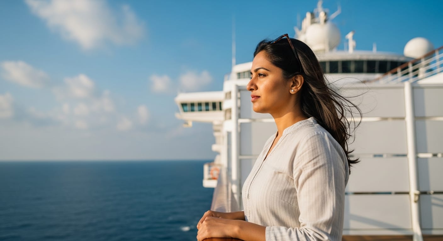 Relaxed passenger avoiding cordelia cruise seasickness by watching the sea horizon from the deck