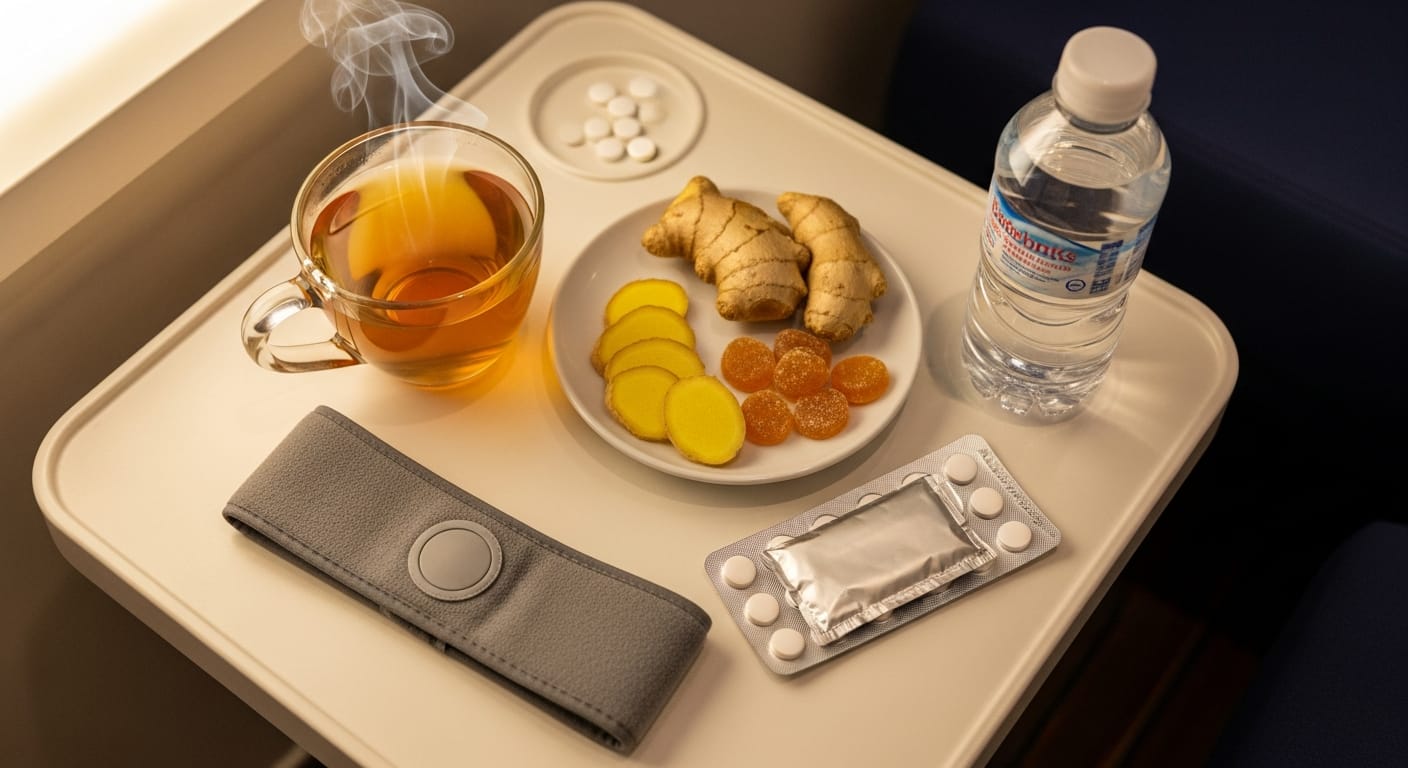 Natural sea sickness on cruise tips: ginger candy, ginger tea and an acupressure wristband on a cabin table