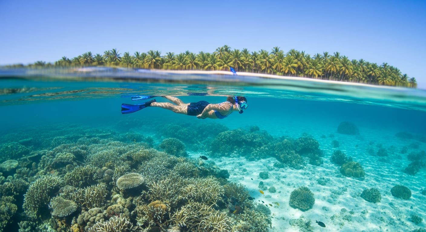 Cordelia cruise shore excursions snorkelling over a coral lagoon in Lakshadweep