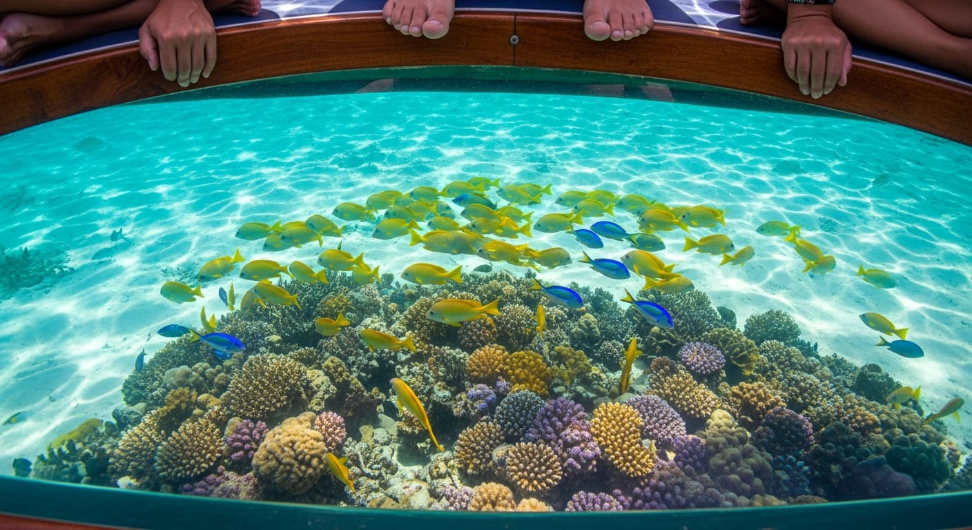Glass-bottom boat ride over coral reef on a Cordelia cruise Lakshadweep excursion