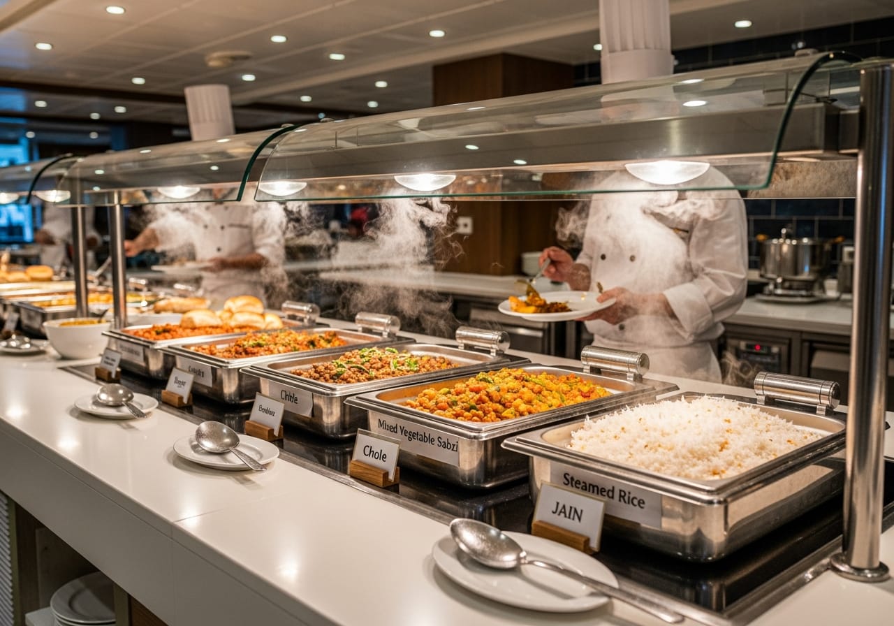 Cordelia cruise vegetarian food buffet station with labelled Jain section