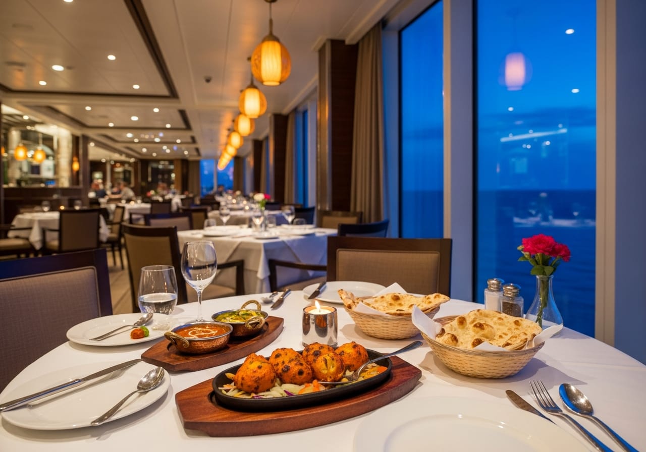 Family enjoying a vegetarian dinner at a Cordelia cruise specialty restaurant