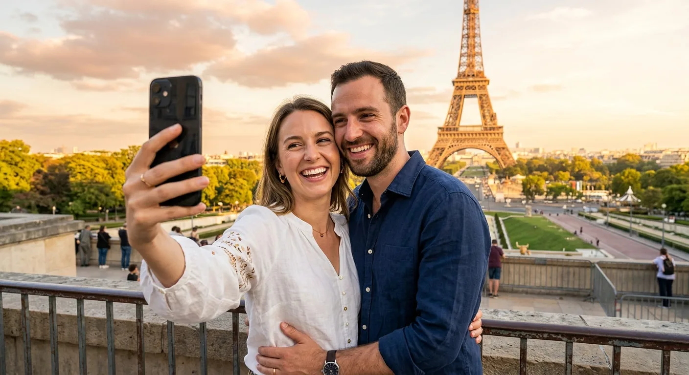 Indian couple taking selfie at international landmark during trip