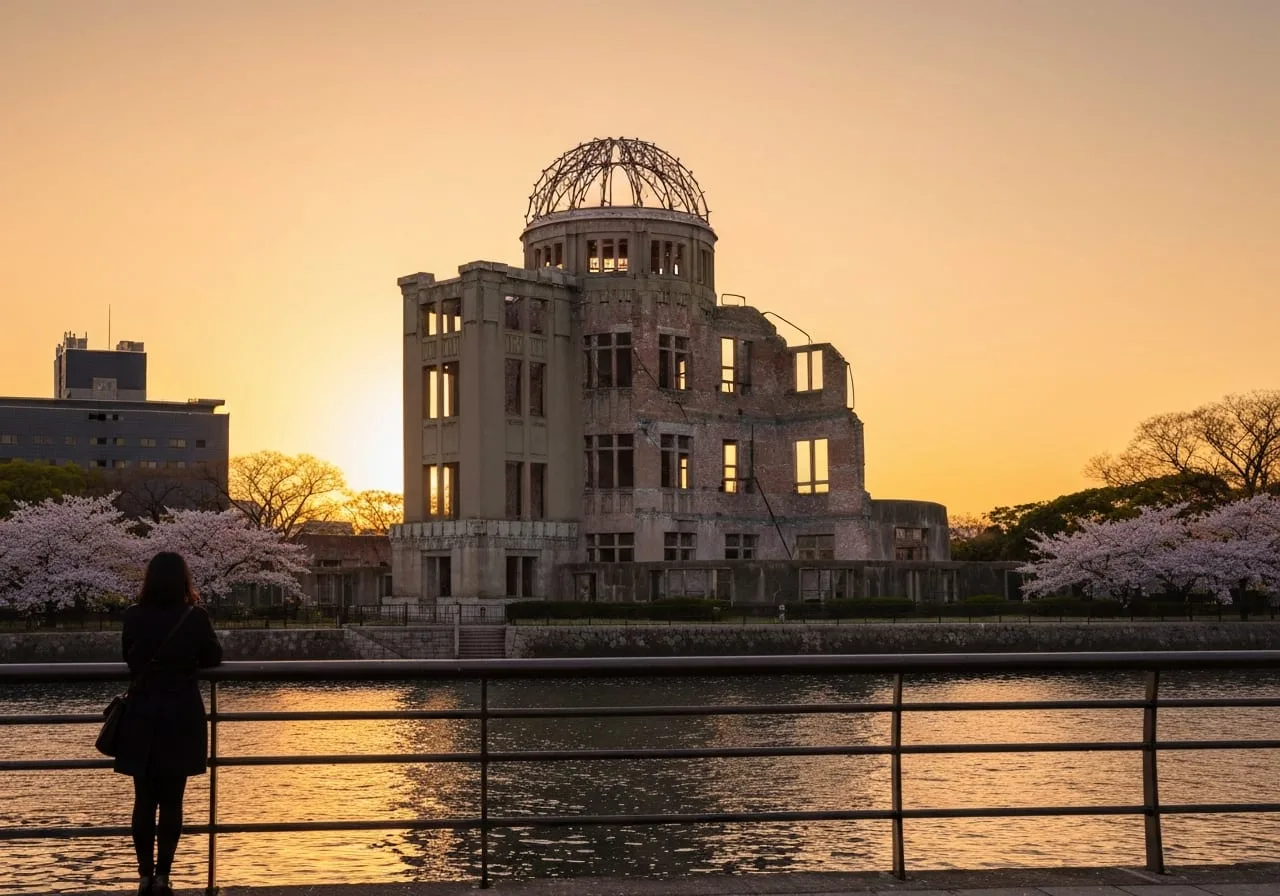 dark tourism historical travel from India Hiroshima Peace Memorial dome at sunset