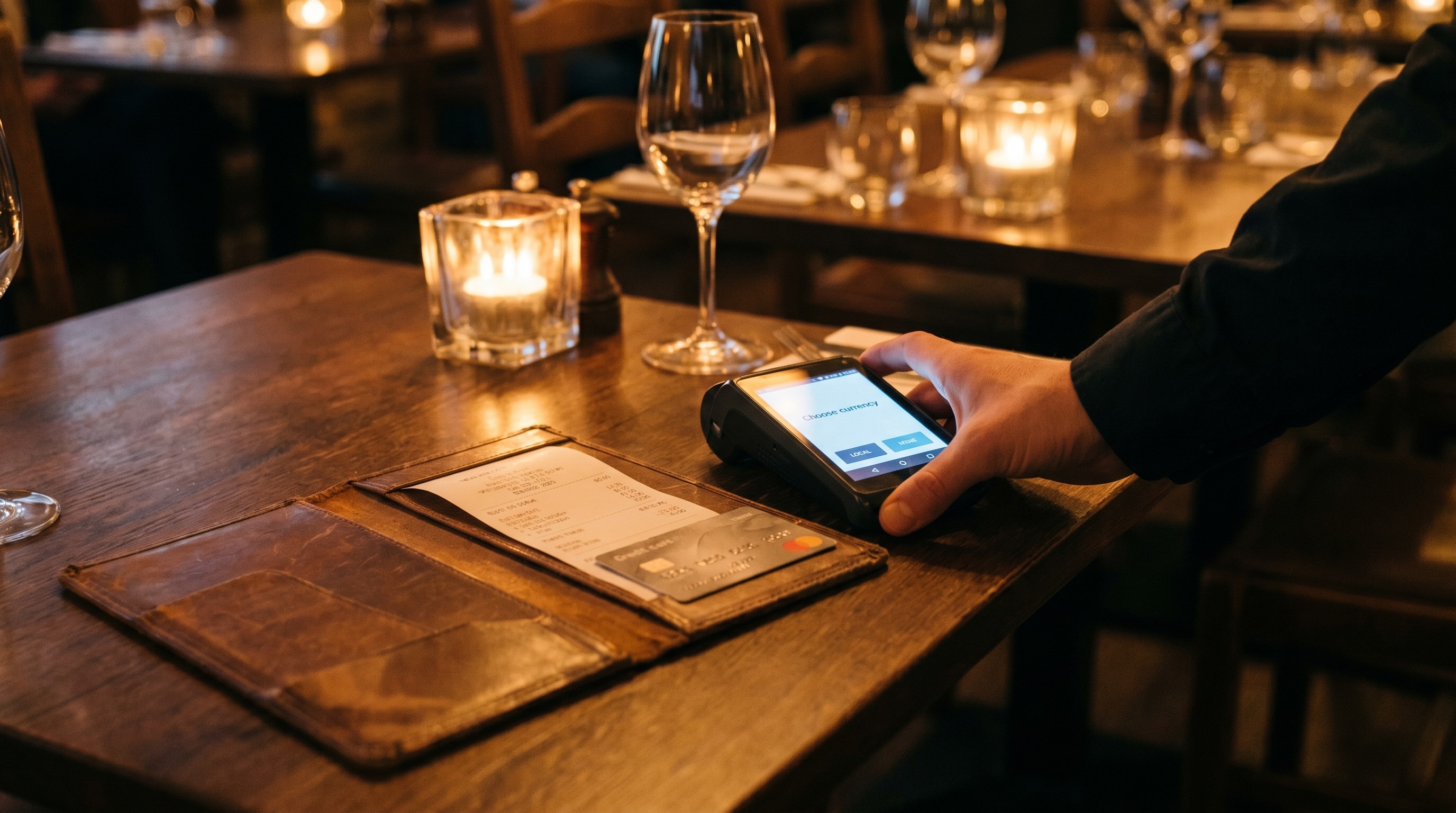 Restaurant card payment terminal asking the customer to choose currency to avoid the dynamic currency conversion markup