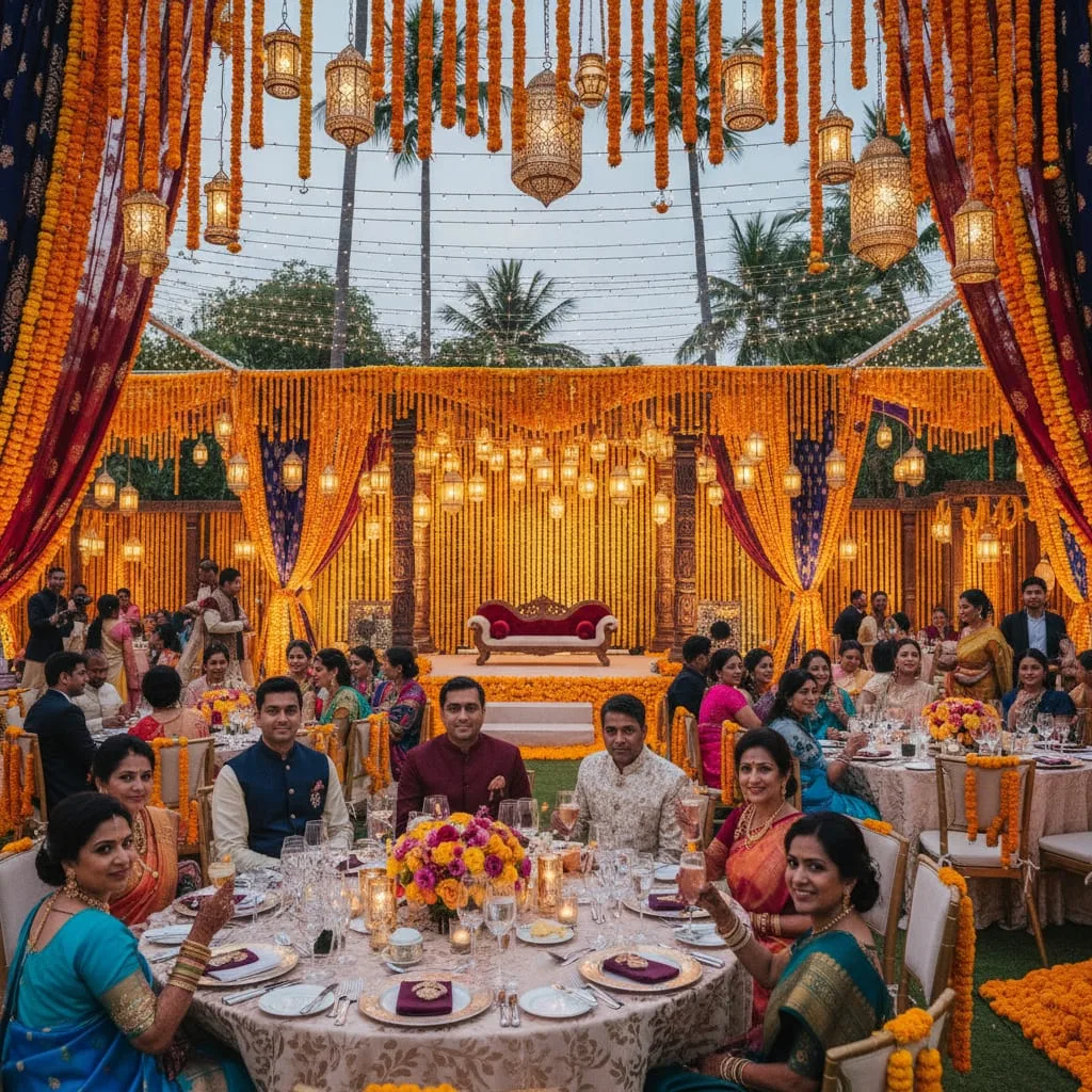 Indian wedding reception at Thailand resort with traditional decorations
