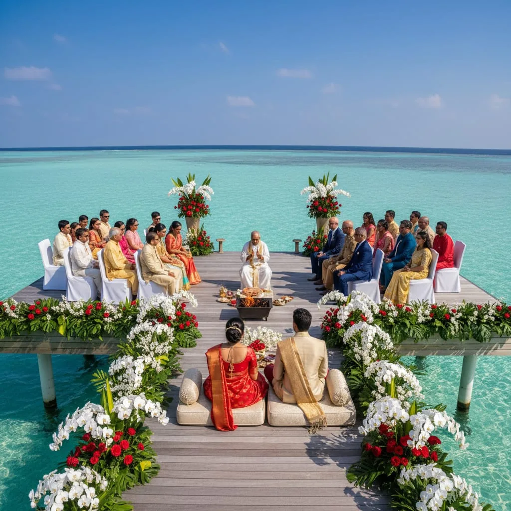 intimate Maldives overwater wedding ceremony Indian couple