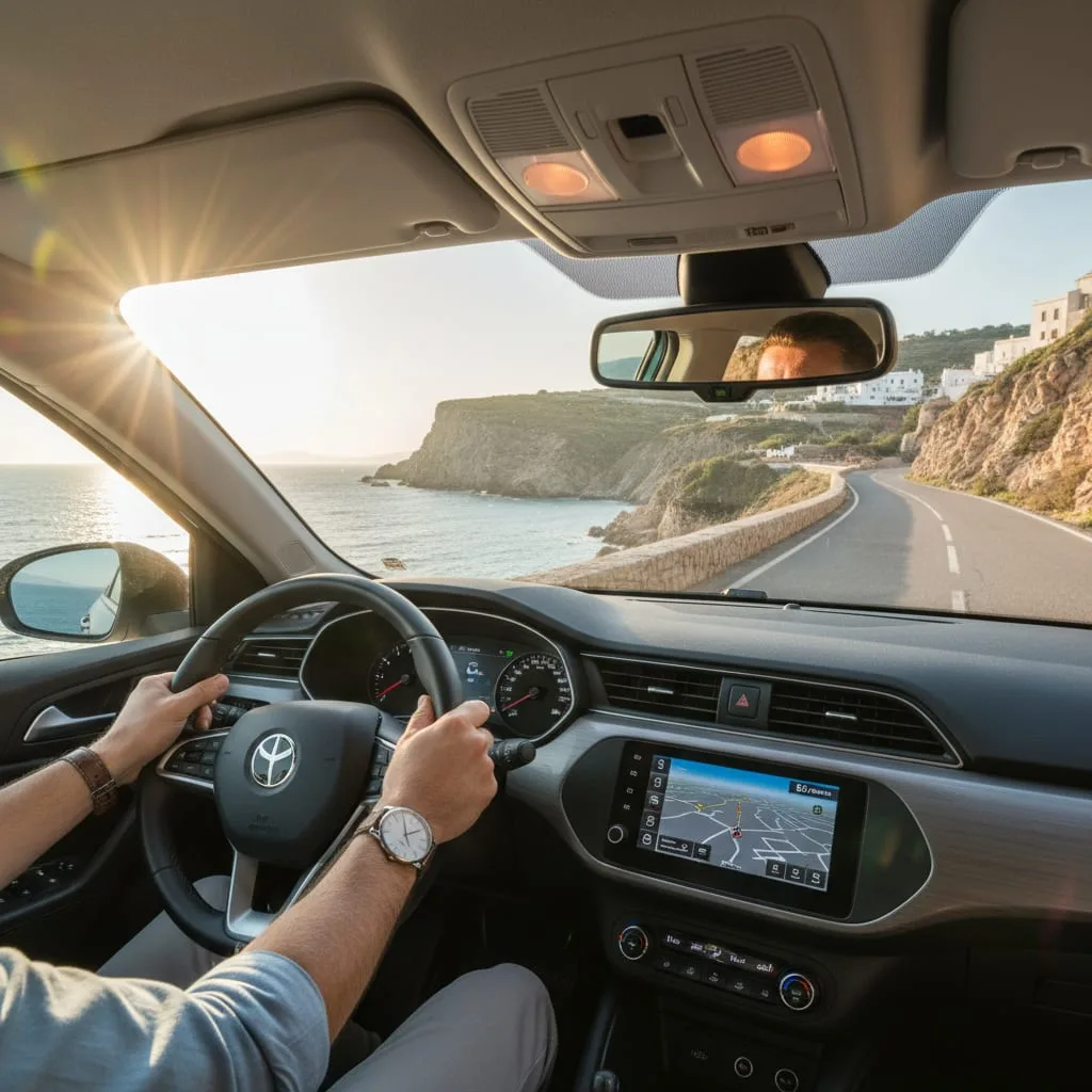 Driving rental car on scenic European coastal road with international driving license India