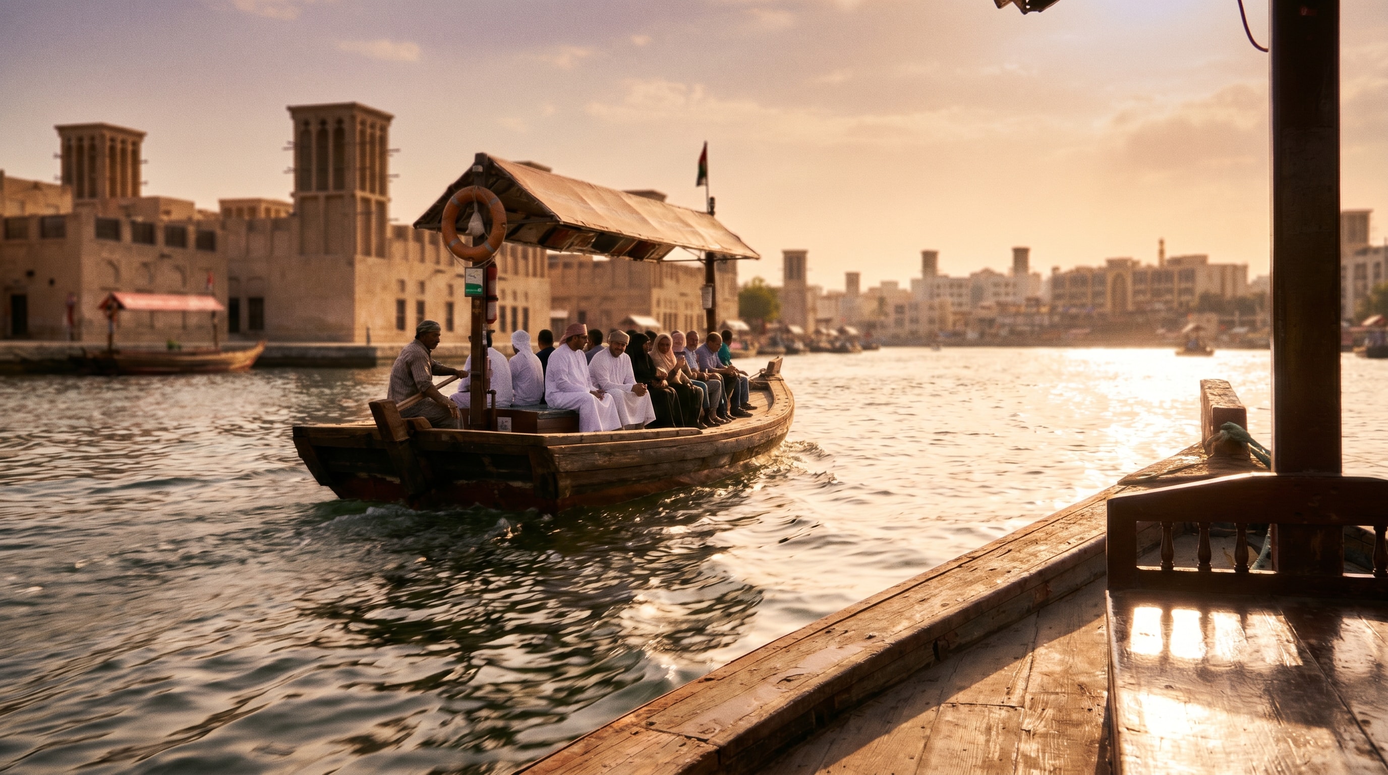 Traditional abra crossing Dubai Creek in Old Dubai, part of a Dubai 4 day itinerary