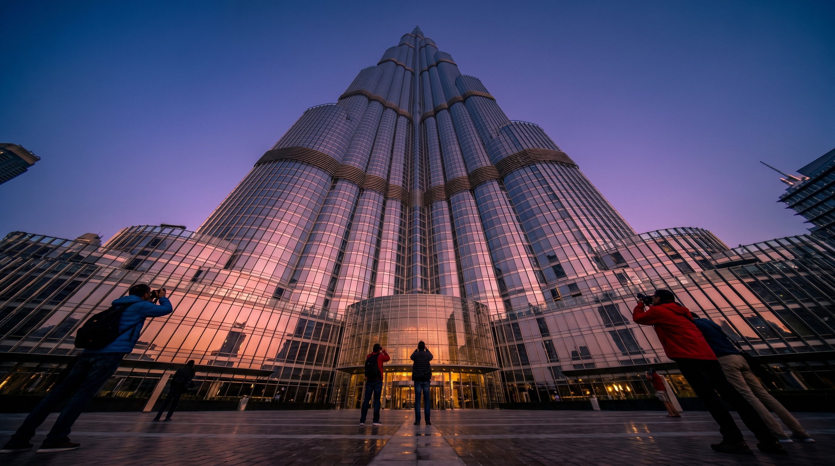 Looking up at the Burj Khalifa at dusk, a highlight of any Dubai itinerary