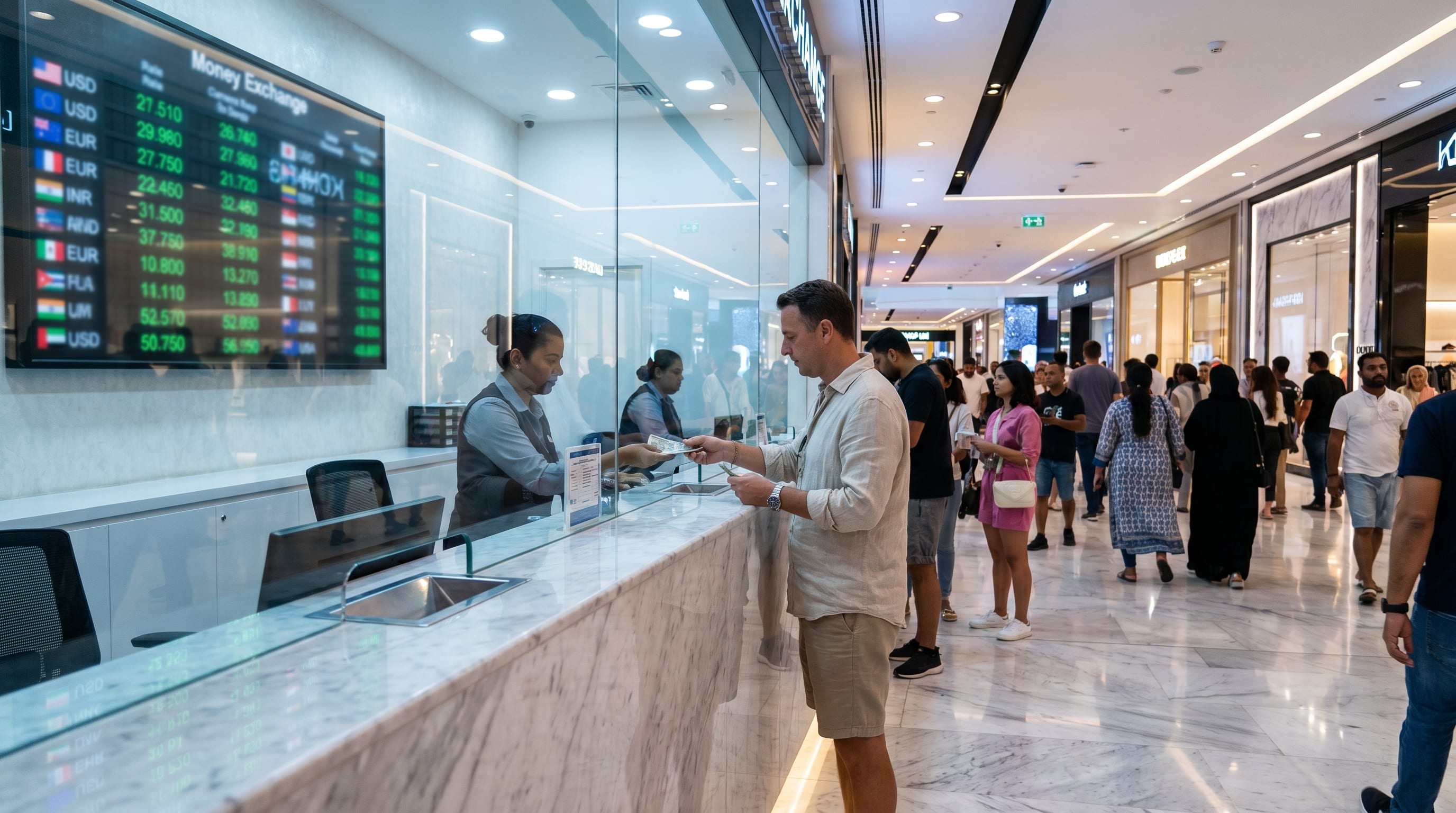 Money exchange house in a Dubai mall showing the AED to INR rate board
