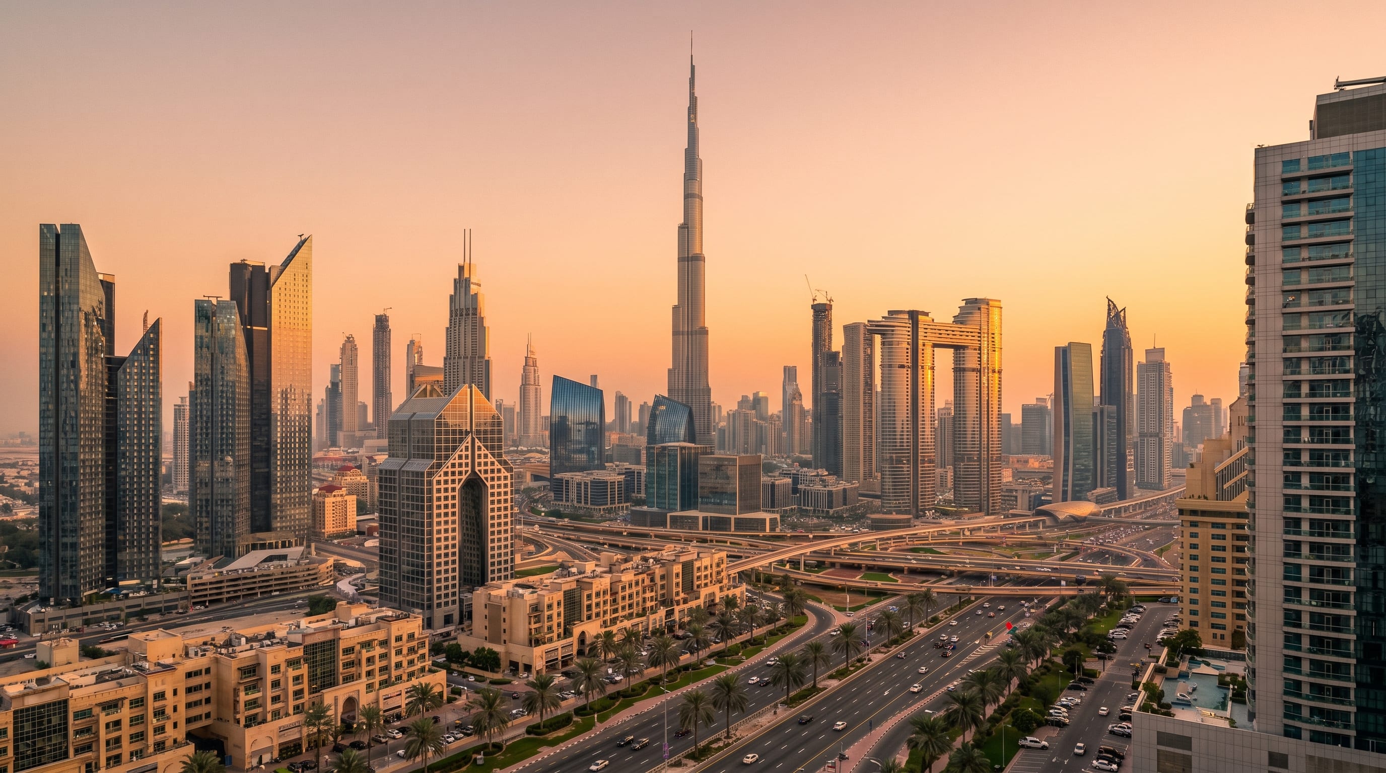 Dubai skyline at golden hour with the Burj Khalifa