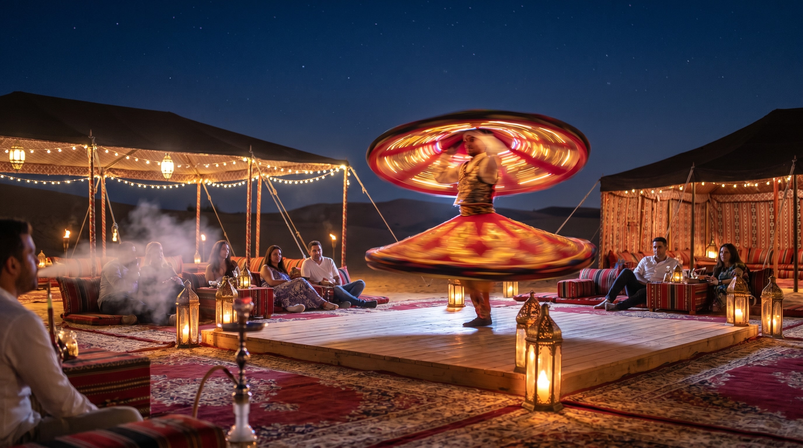 Tanoura dance show at a lantern-lit Dubai desert safari camp at night