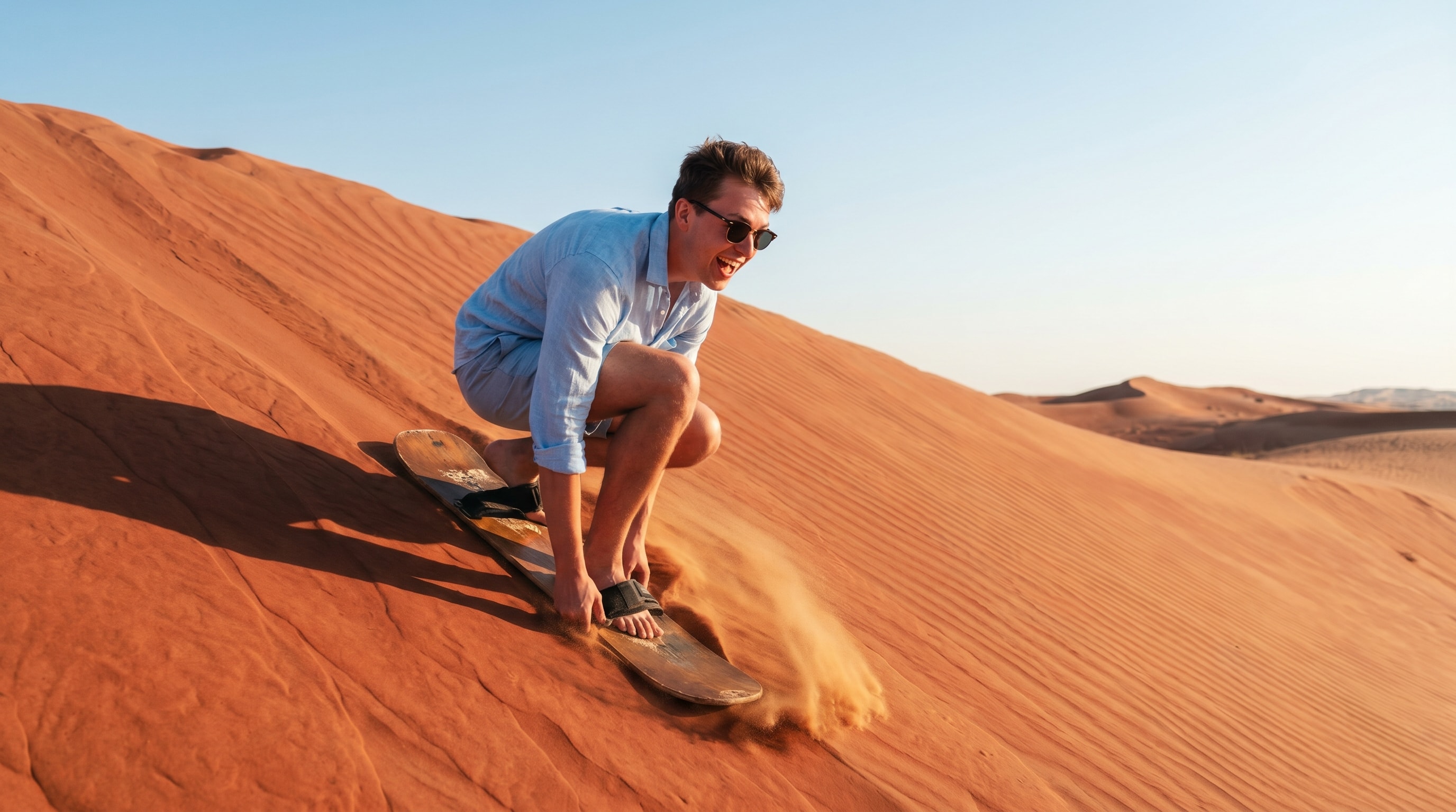 Traveller sandboarding down a red dune on a Dubai desert safari