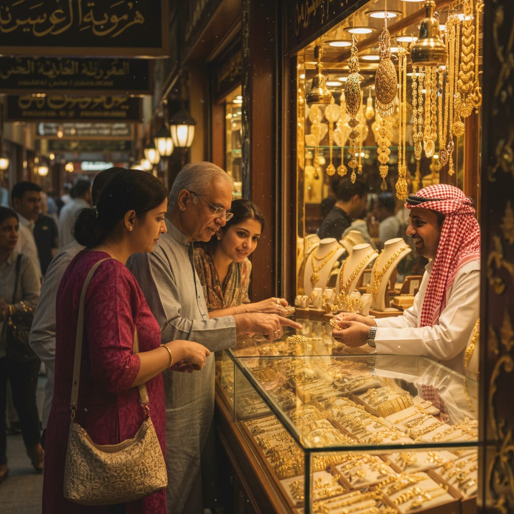 Indian tourists shopping for gold jewelry at Dubai Gold Souk