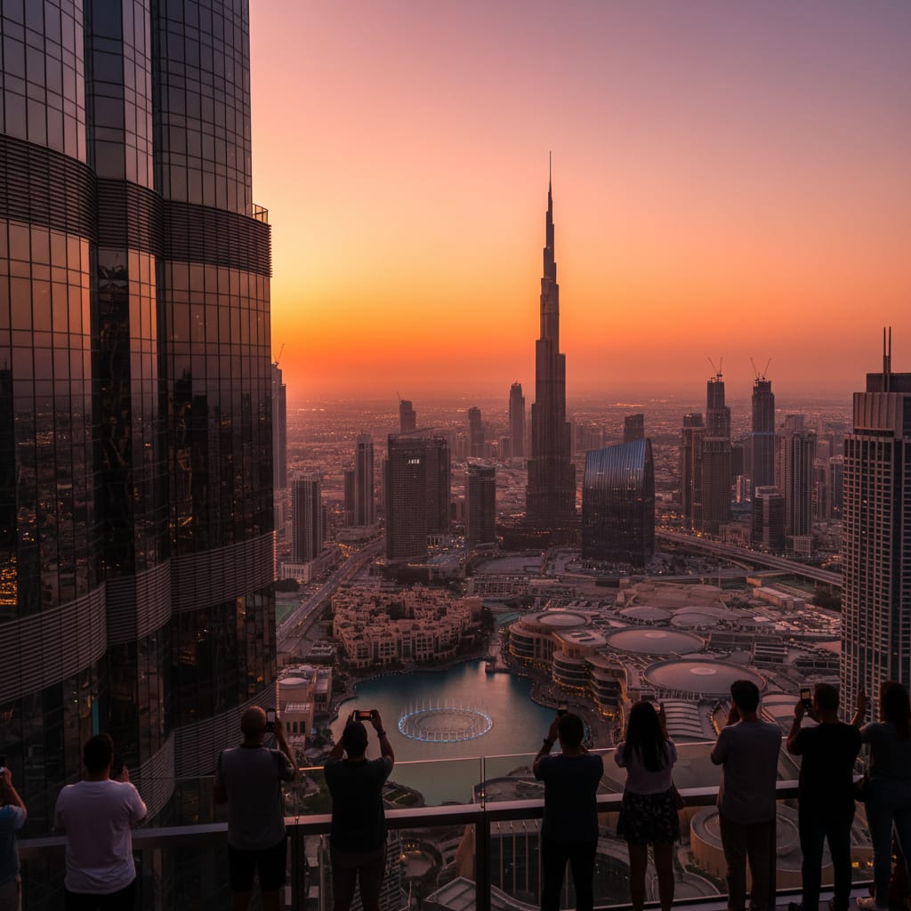 Dubai Burj Khalifa sunset view from observation deck