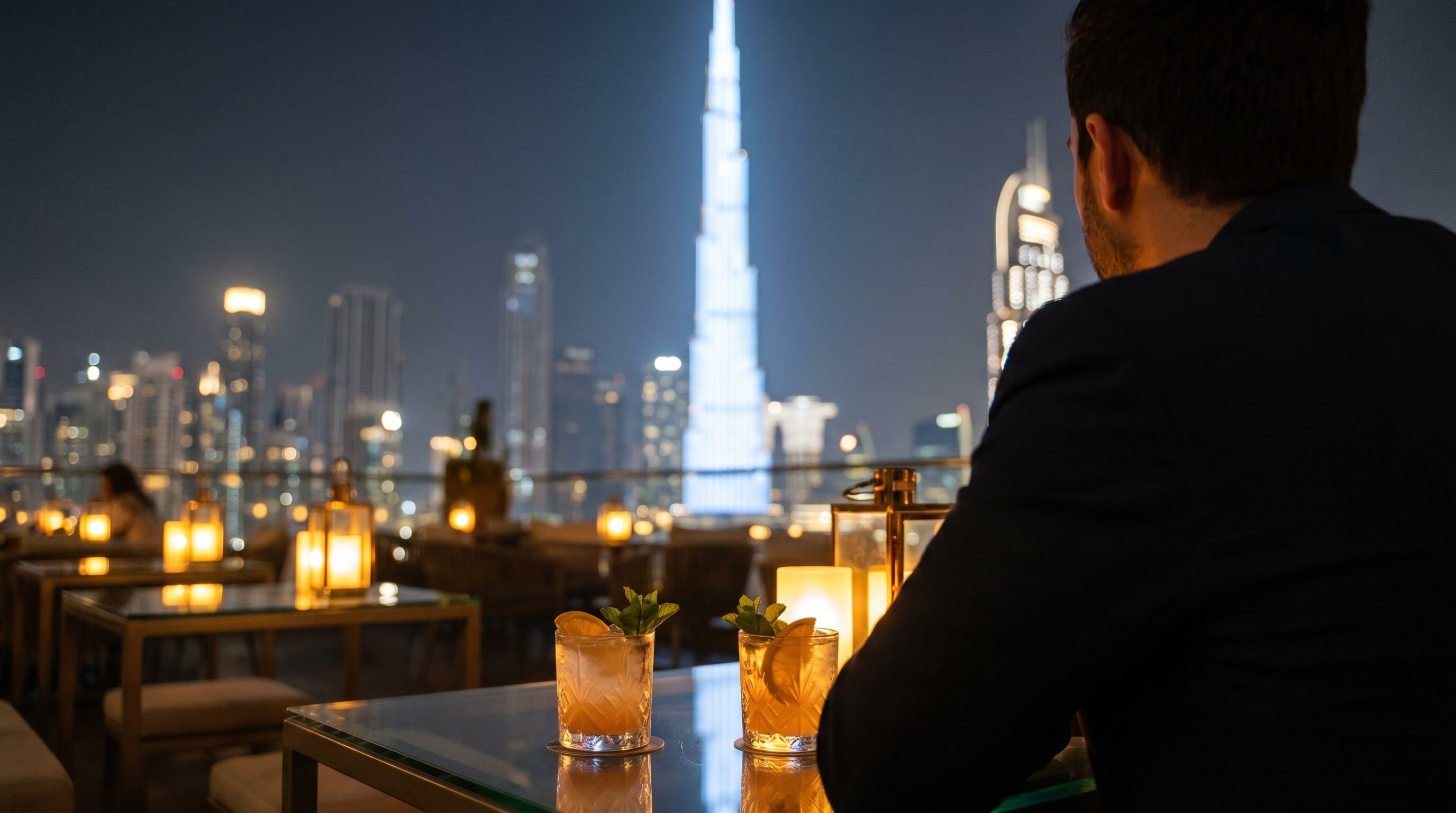 Dubai nightlife rooftop bar with cocktails and the Burj Khalifa lit up at night