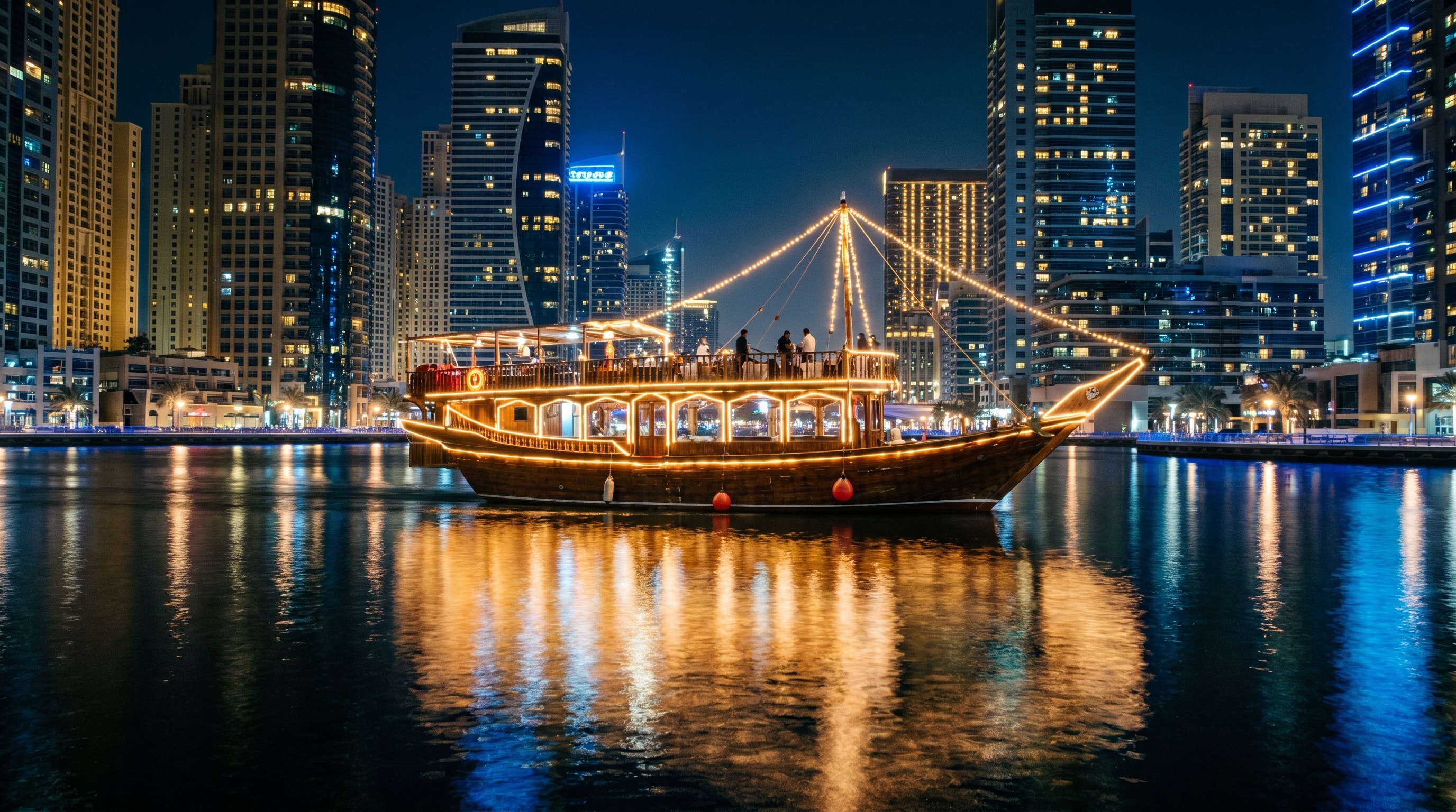 Traditional dhow dinner cruise lit with fairy lights gliding on Dubai Marina water at night