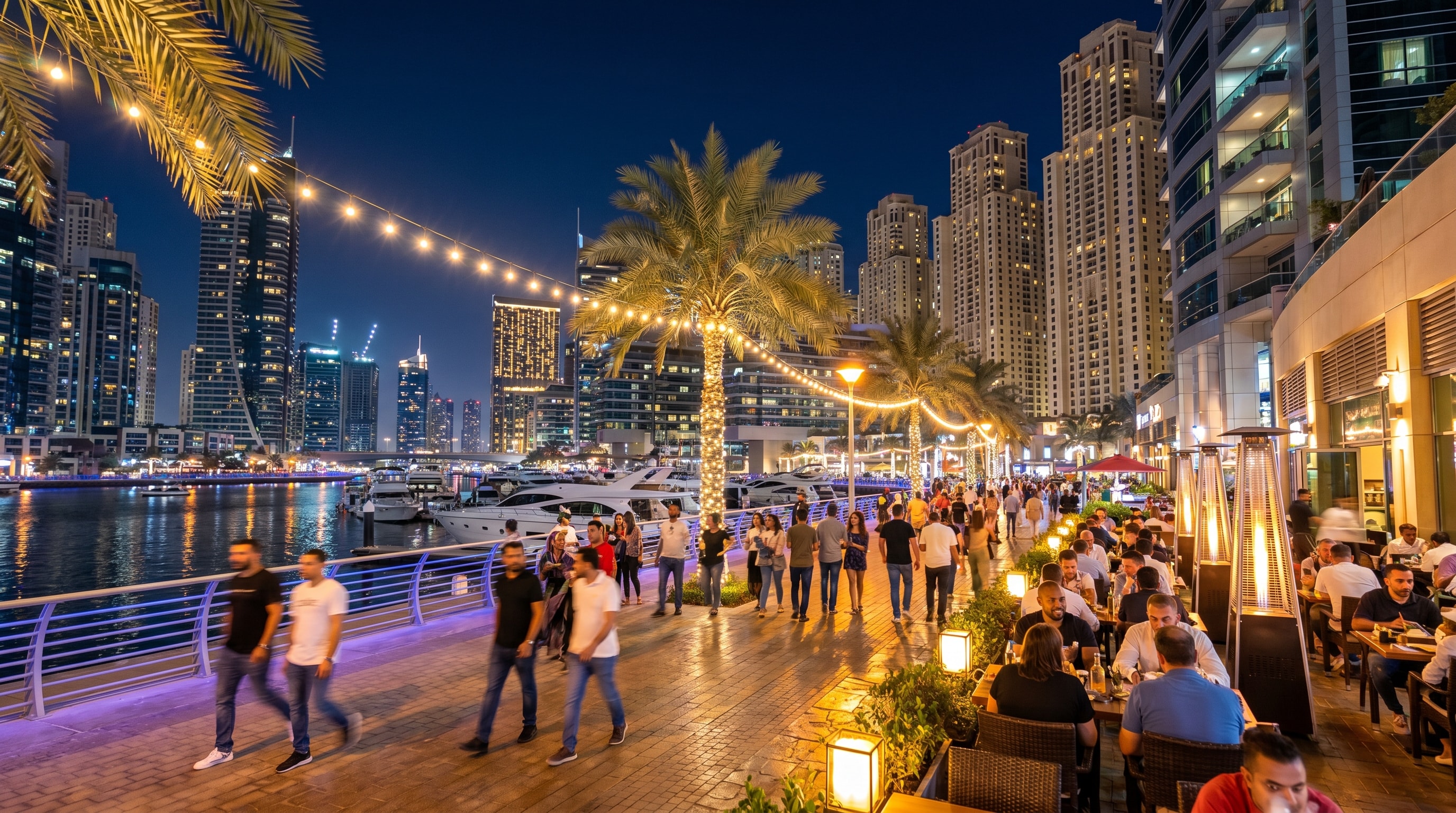 Lively Dubai Marina JBR waterfront promenade with restaurants and lights after dark