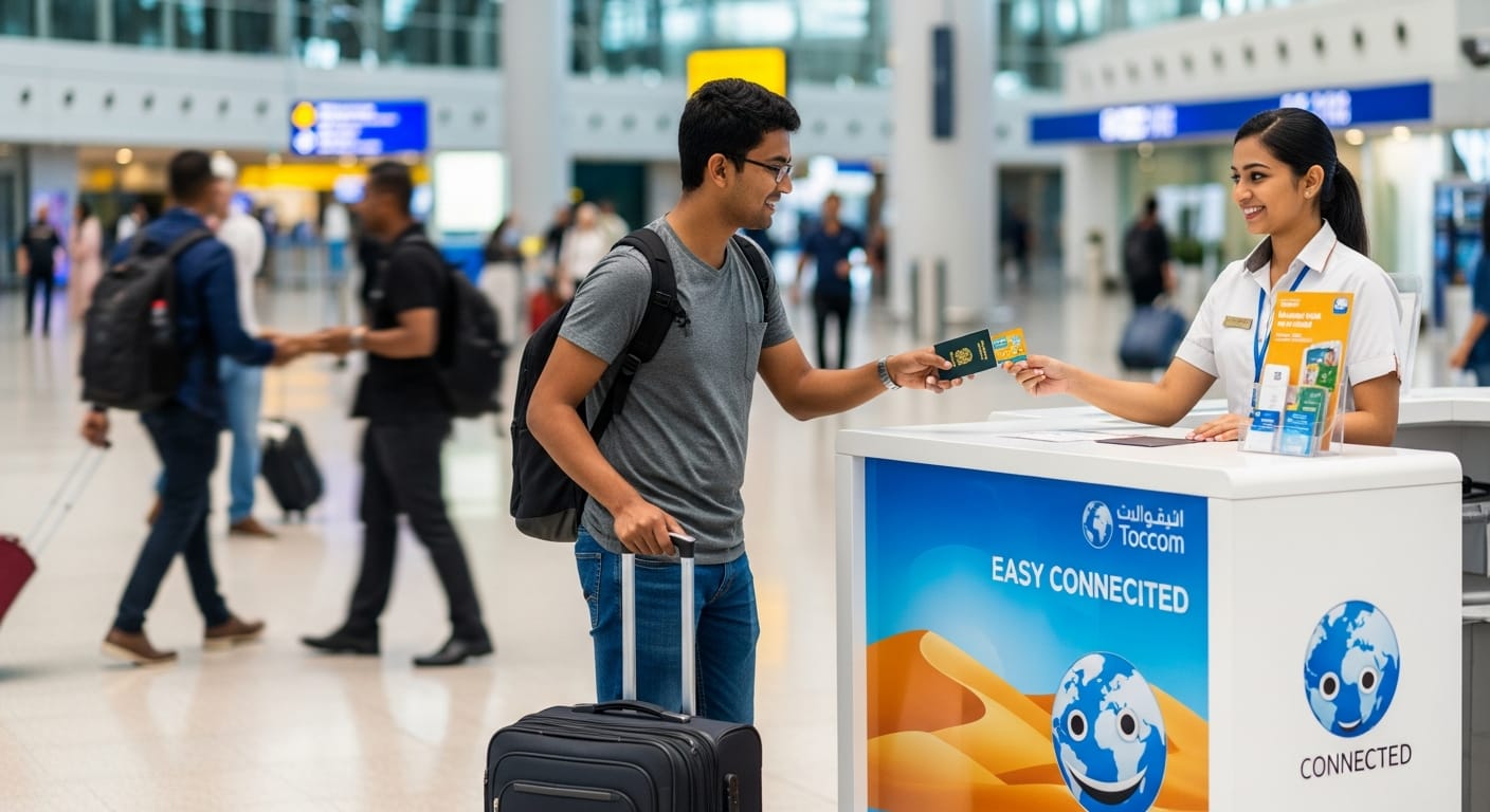 Buying a Dubai SIM card for Indians at the airport tourist SIM counter with passport