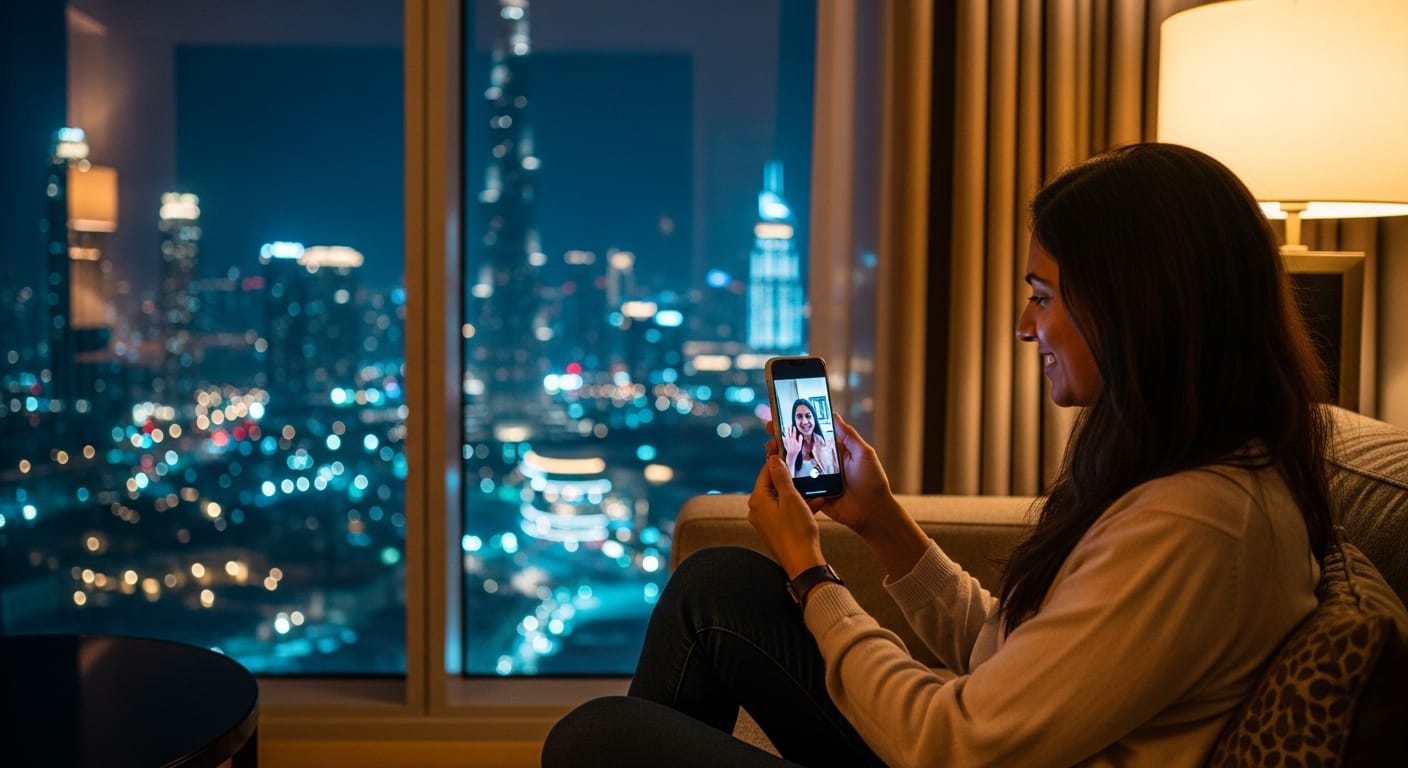 Indian woman video-calling family on hotel wifi with the Dubai night skyline behind her