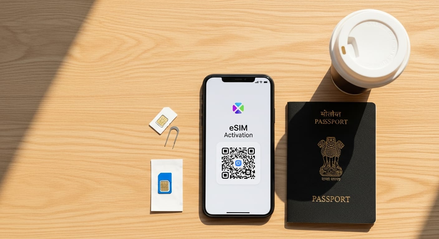 Smartphone showing a Dubai eSIM for tourists QR code with passport and SIM card on a table