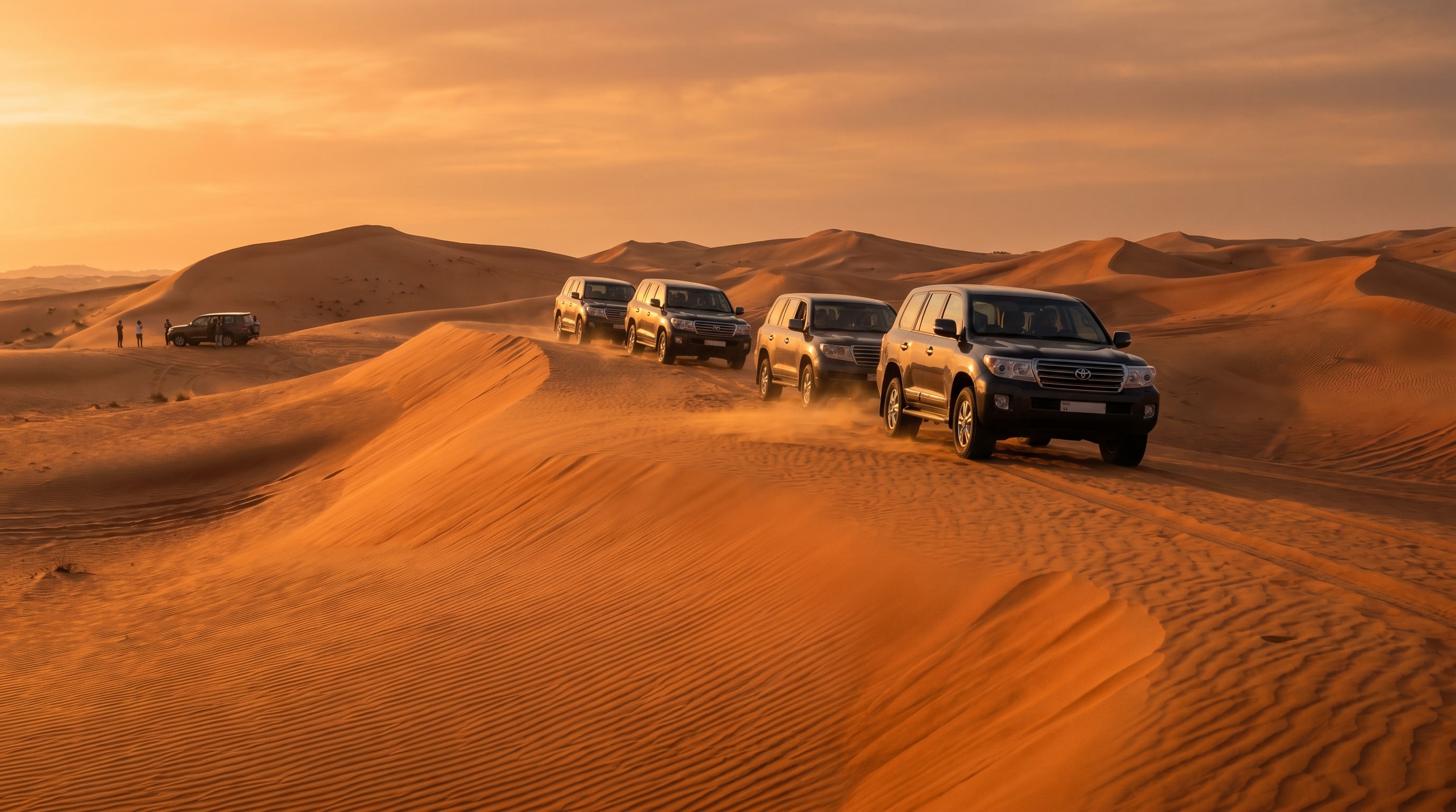 A 4x4 cresting a dune at sunset on a Dubai desert safari