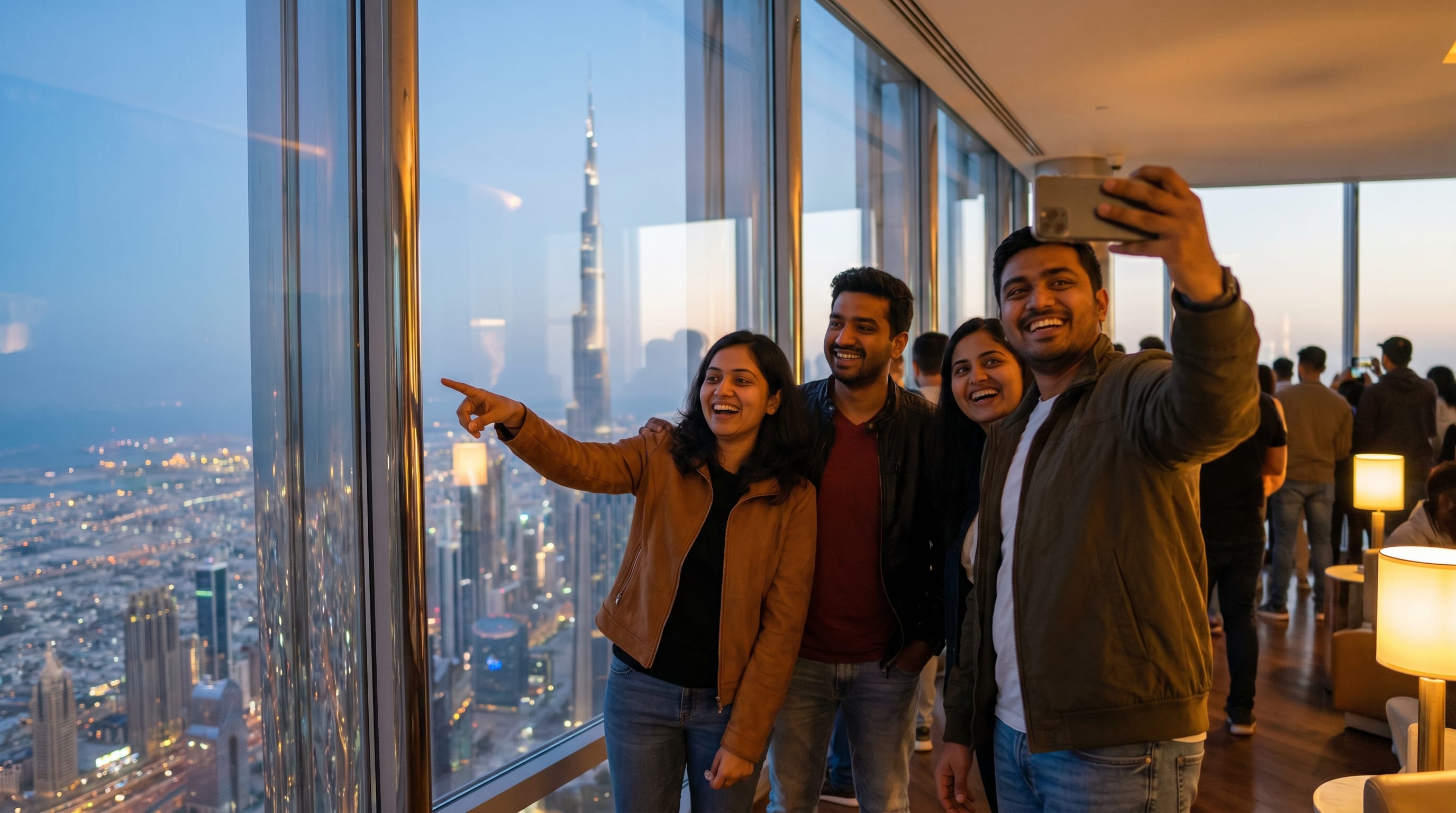 Bangalore tech professionals enjoying a Dubai tour package from Bangalore at a skyline observation deck