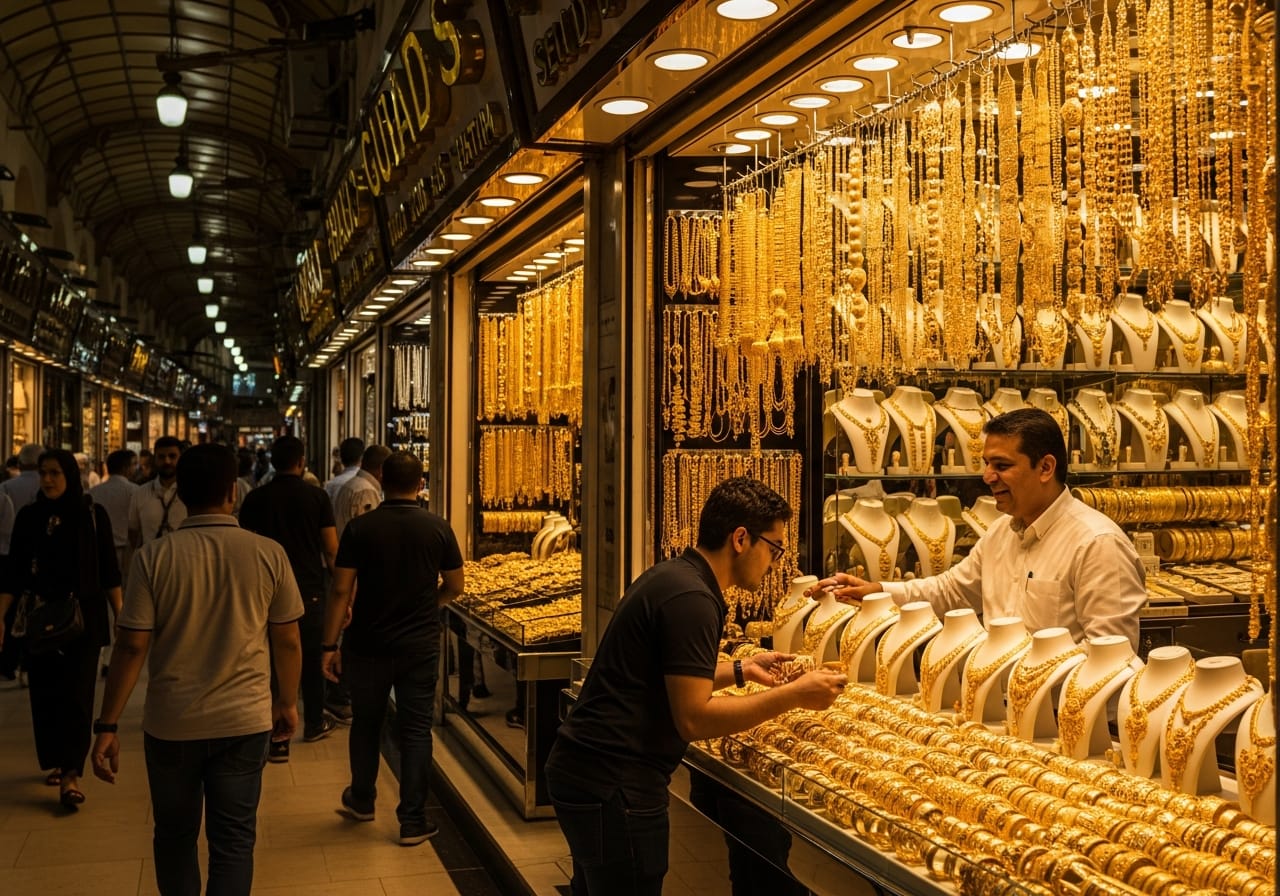 Dubai tour package from Delhi shoppers browsing gold jewellery at the Deira Gold Souk