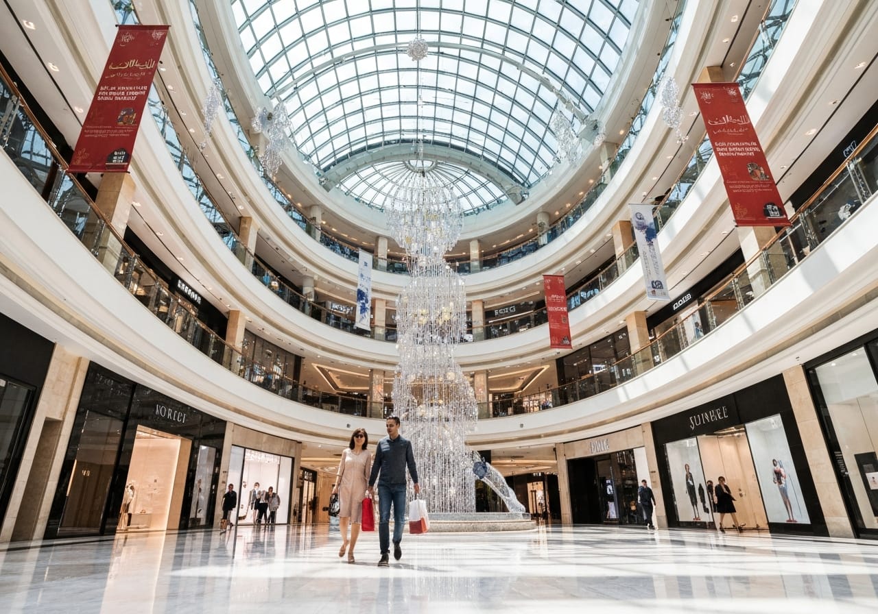 Bright Dubai mega-mall atrium decorated for the Dubai Shopping Festival