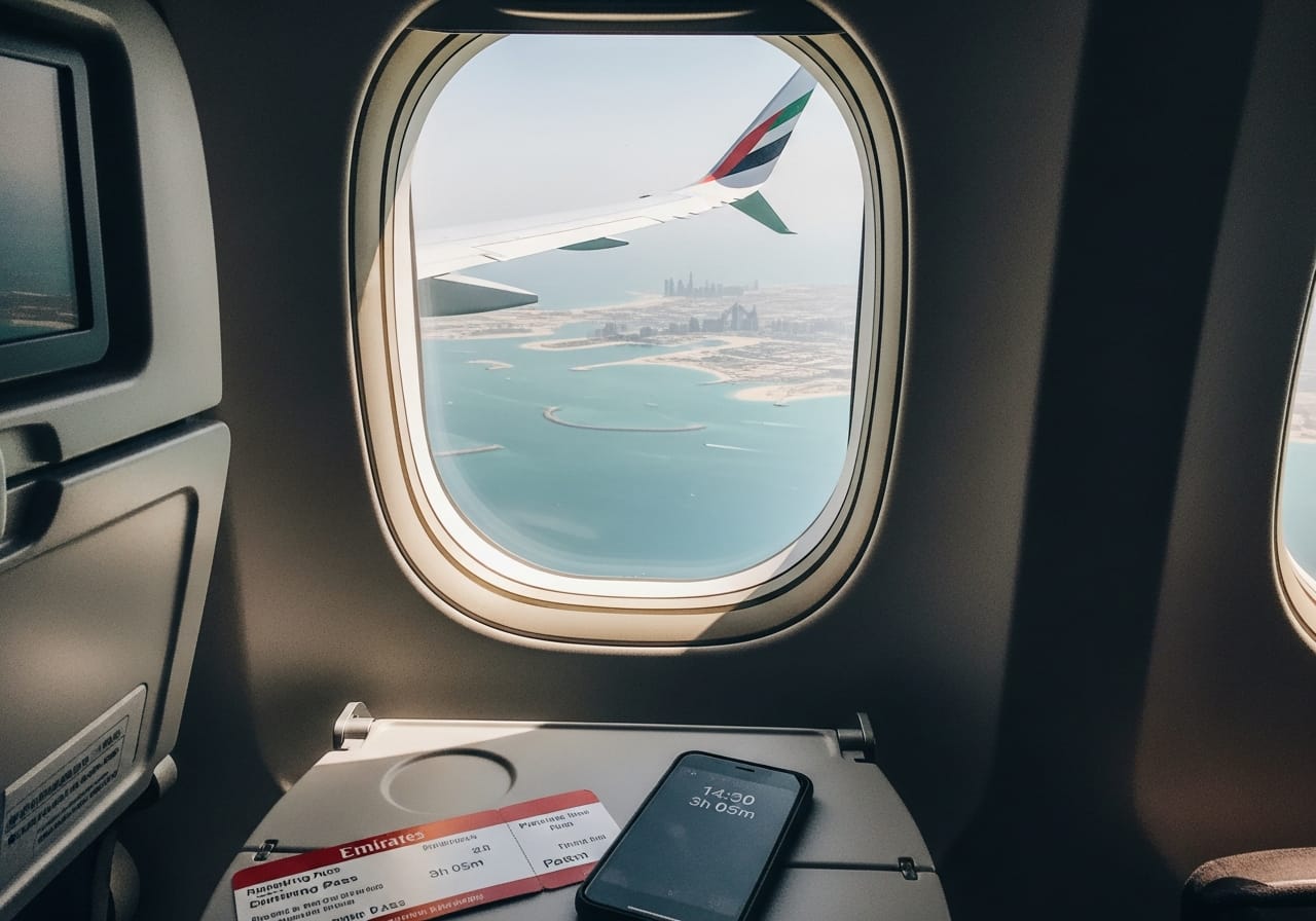 View of Dubai coastline from an Emirates flight window on the short Mumbai to Dubai route