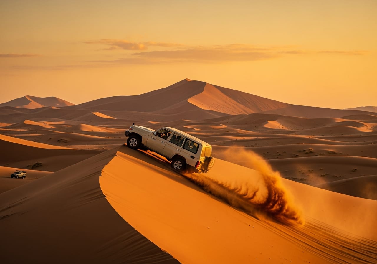 Desert safari 4x4 cresting a sand dune at sunset, a highlight of any Dubai tour package from Mumbai