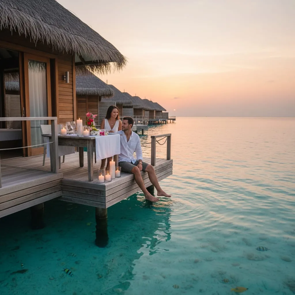 maldives overwater villa romantic dinner sunset honeymoon couple