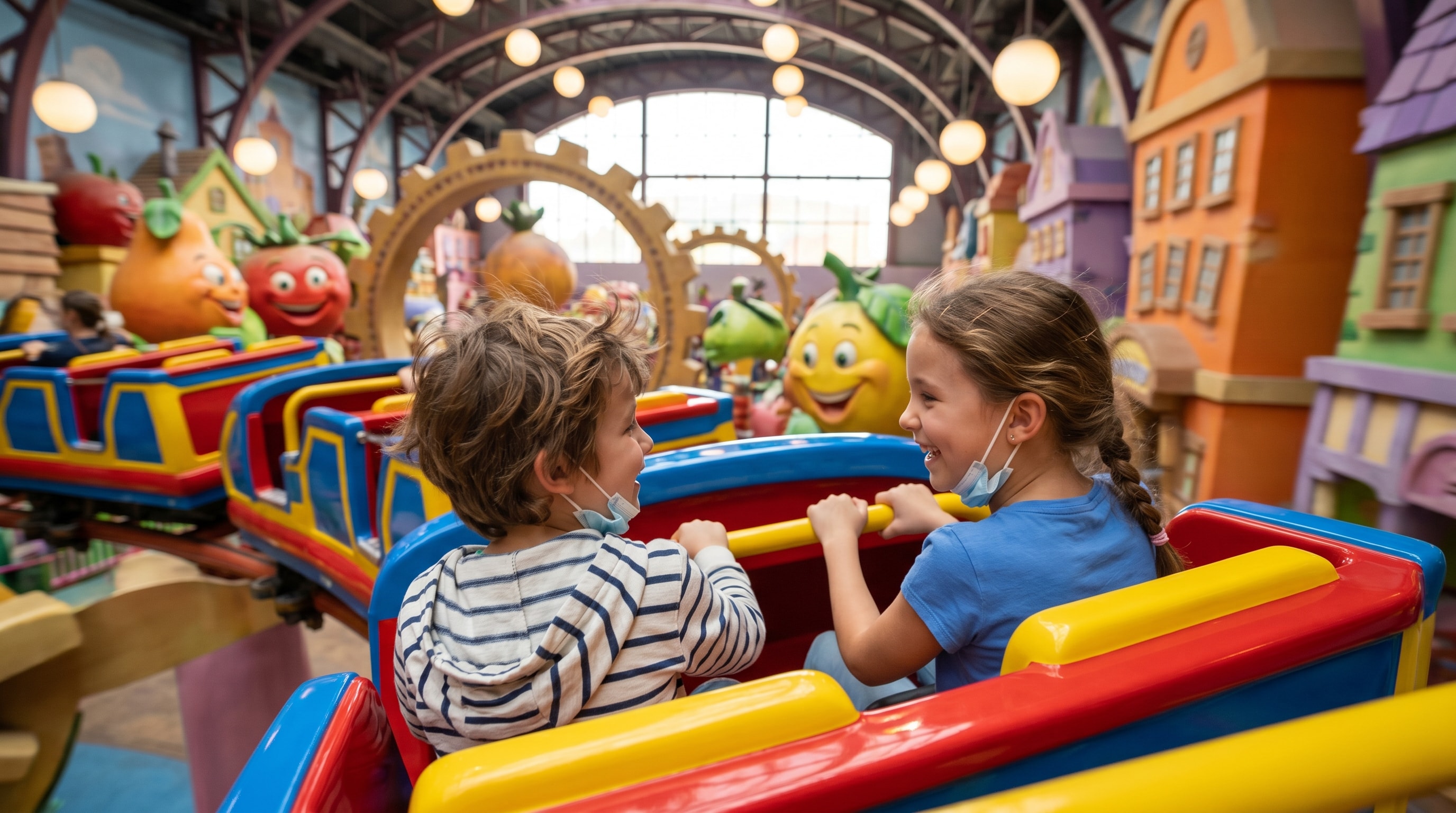 Children riding a family roller coaster, one of the top things to do in Dubai with kids