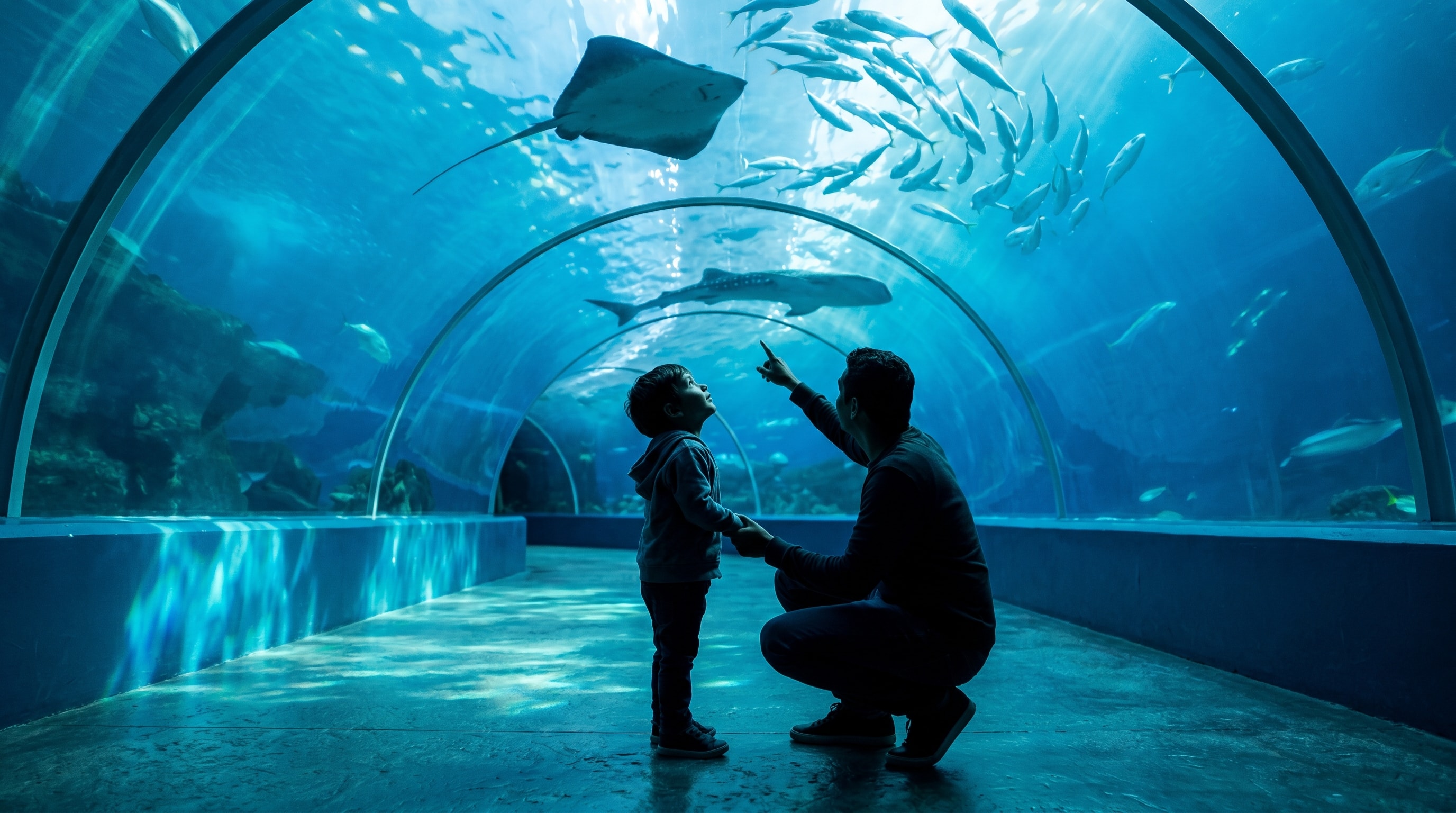 Child watching fish in the Dubai Aquarium underwater tunnel