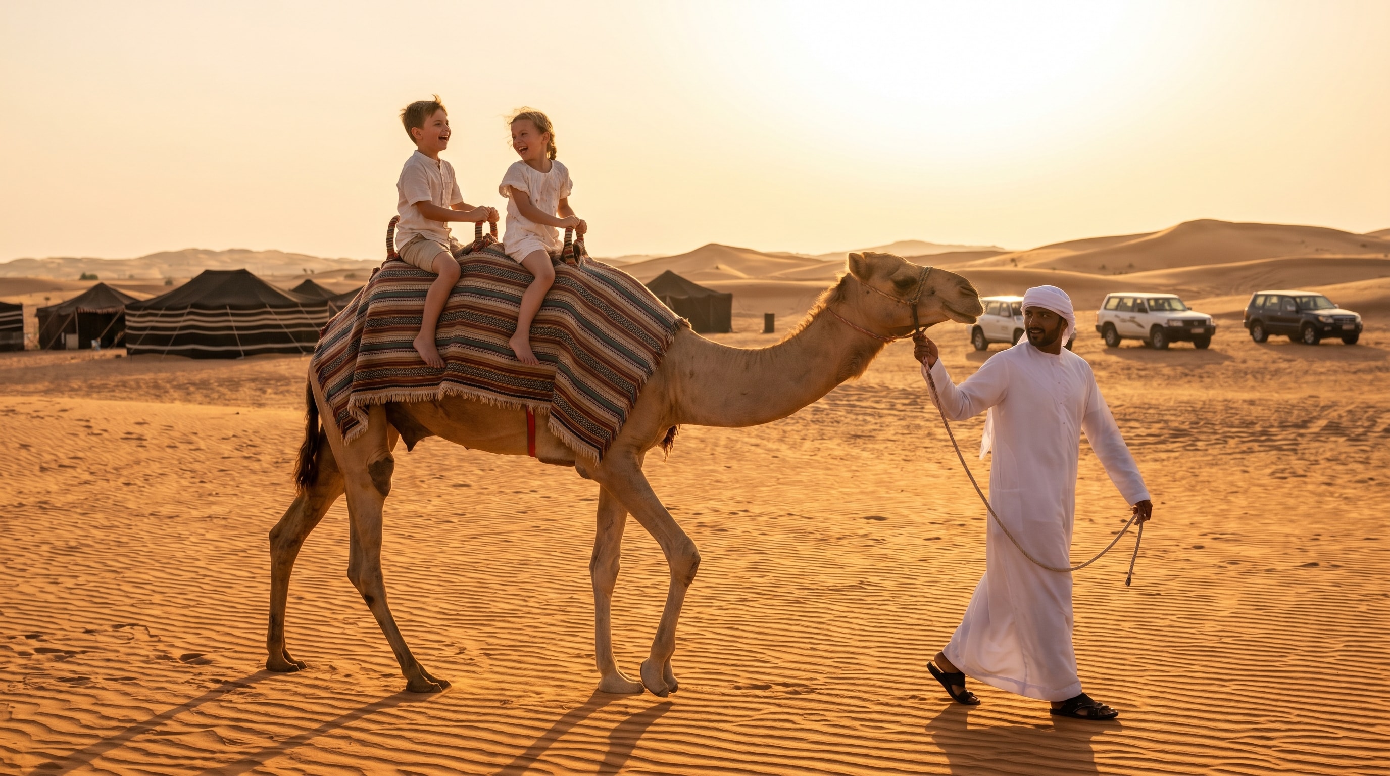Kids on a camel at a family-friendly Dubai desert safari camp