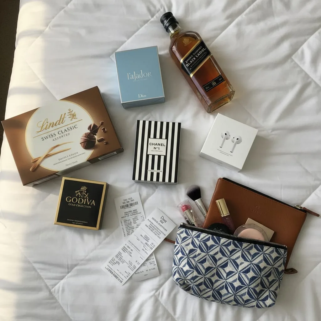 traveler shopping haul with perfume boxes liquor bottles and chocolates