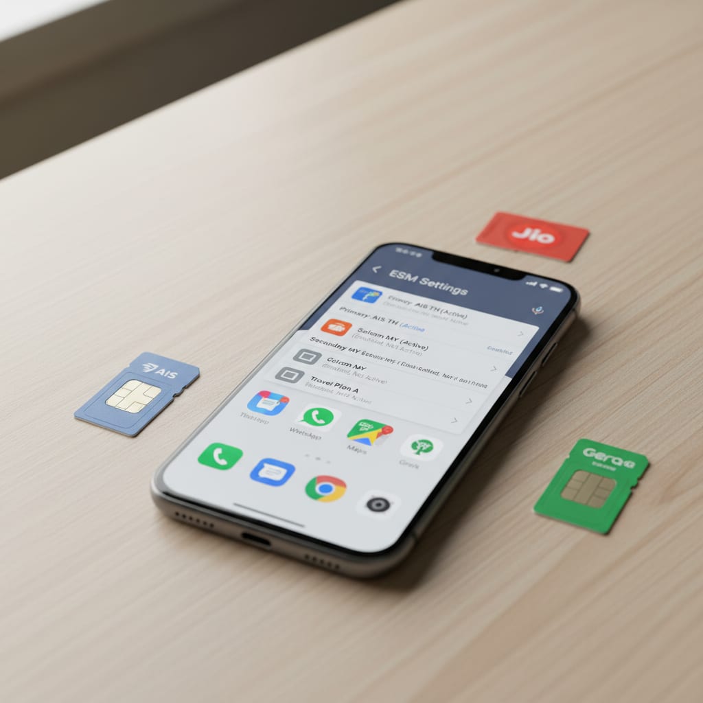 eSIM guide India - smartphone showing eSIM settings with physical SIM cards