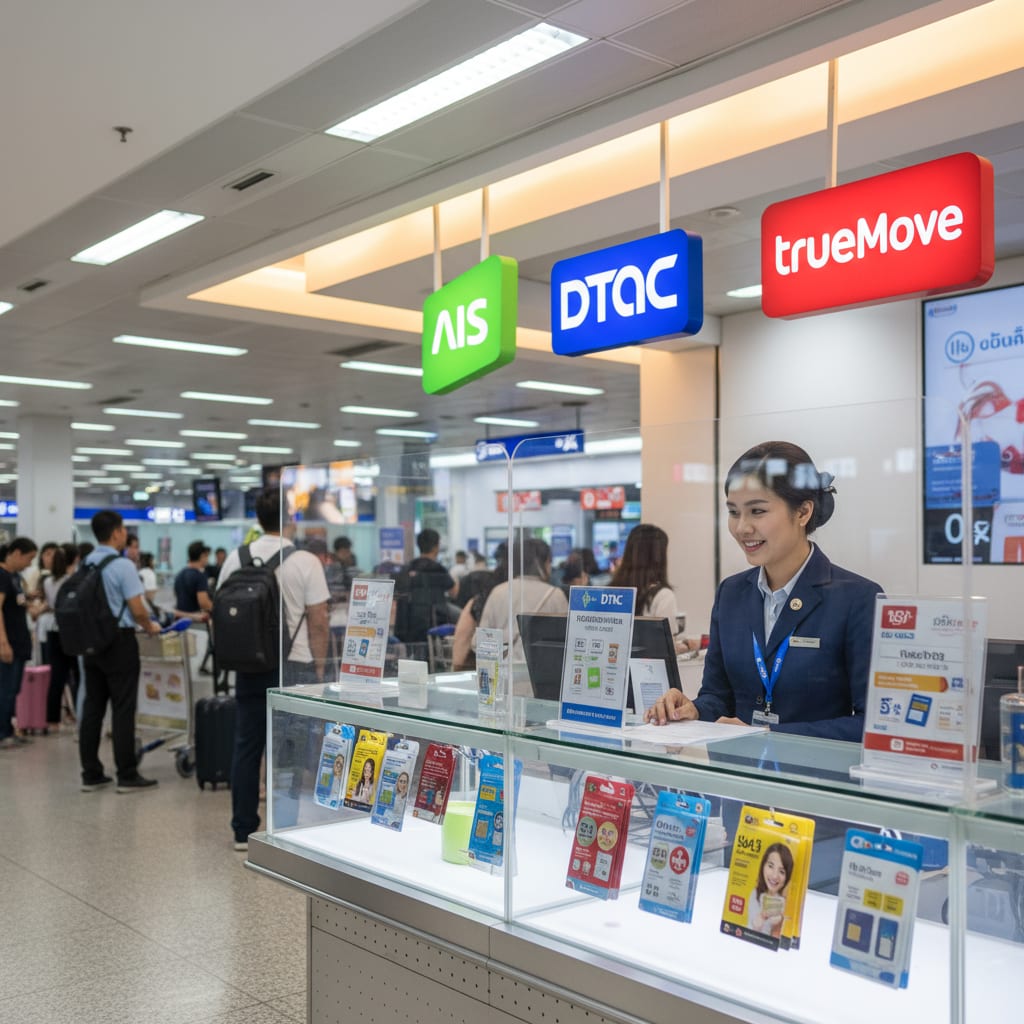 airport SIM card counter Southeast Asia with AIS DTAC TrueMove logos