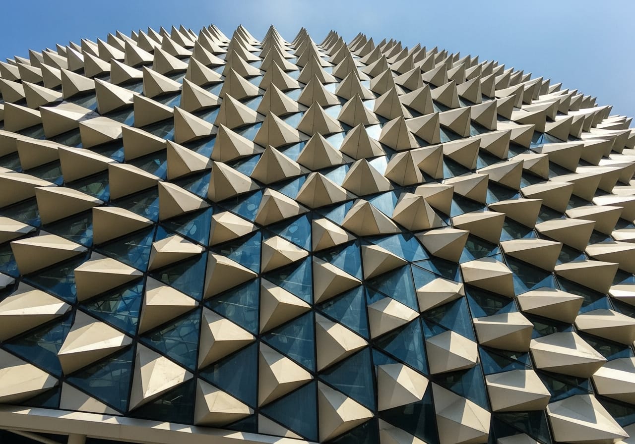Close-up of the spiky aluminium shell of Esplanade Singapore, the Durian building
