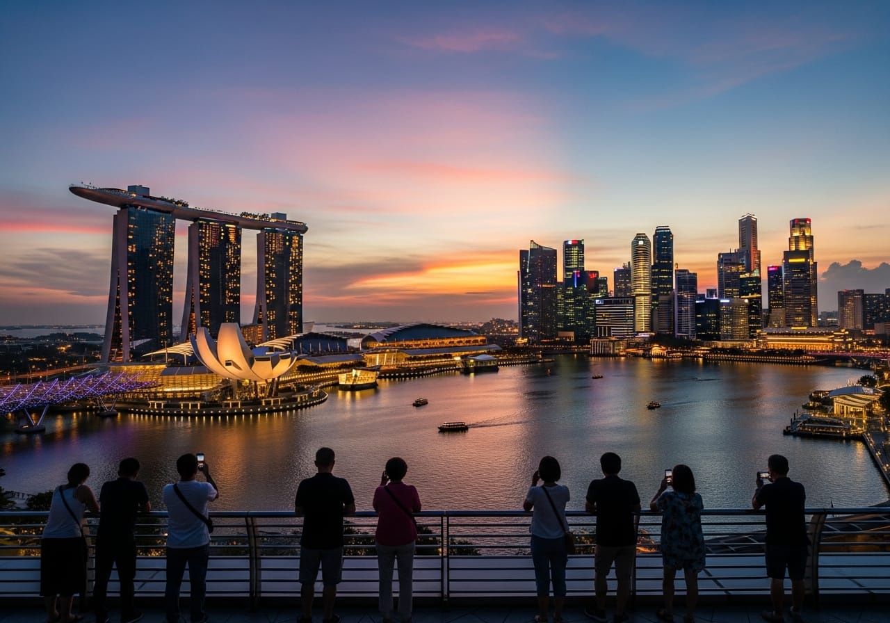 Esplanade rooftop Singapore view across Marina Bay towards Marina Bay Sands at dusk