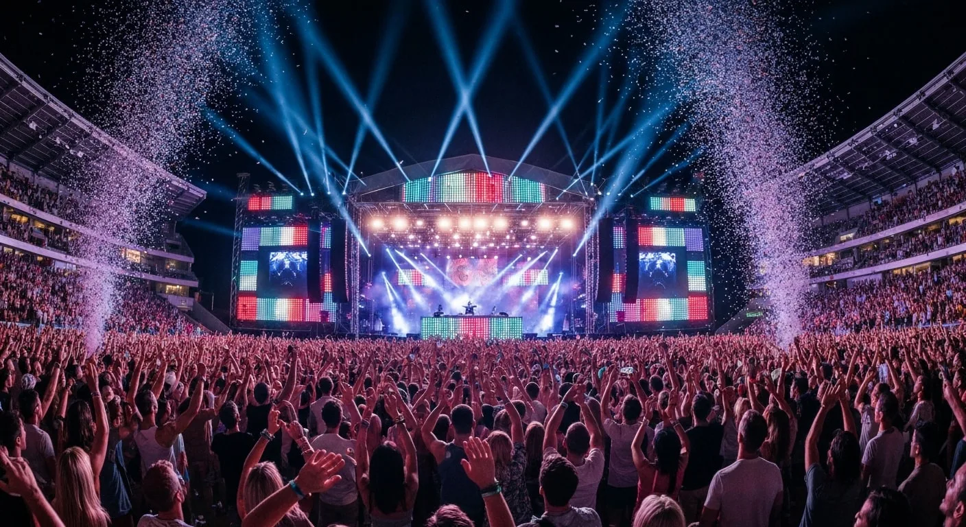 Music festival aerial view crowd and stage event travel