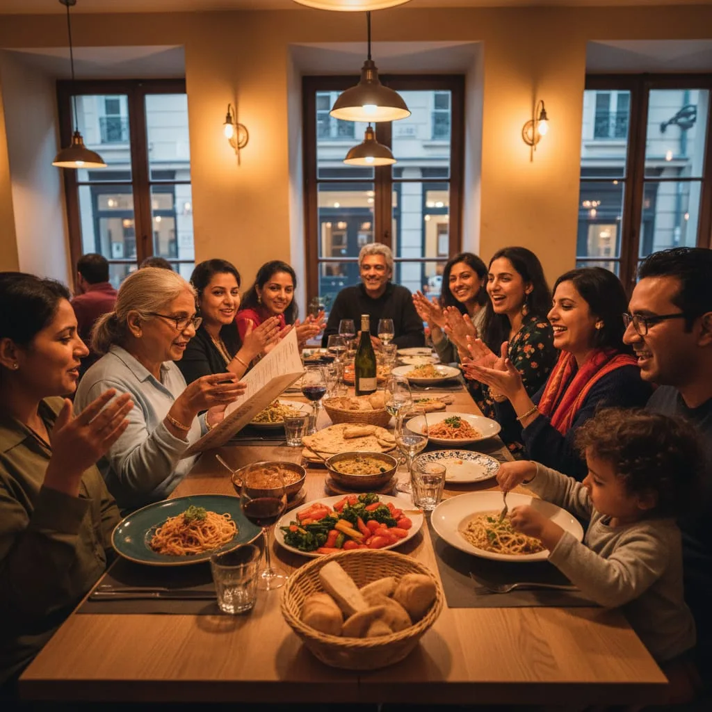 Large Indian families abroad having dinner together on vacation