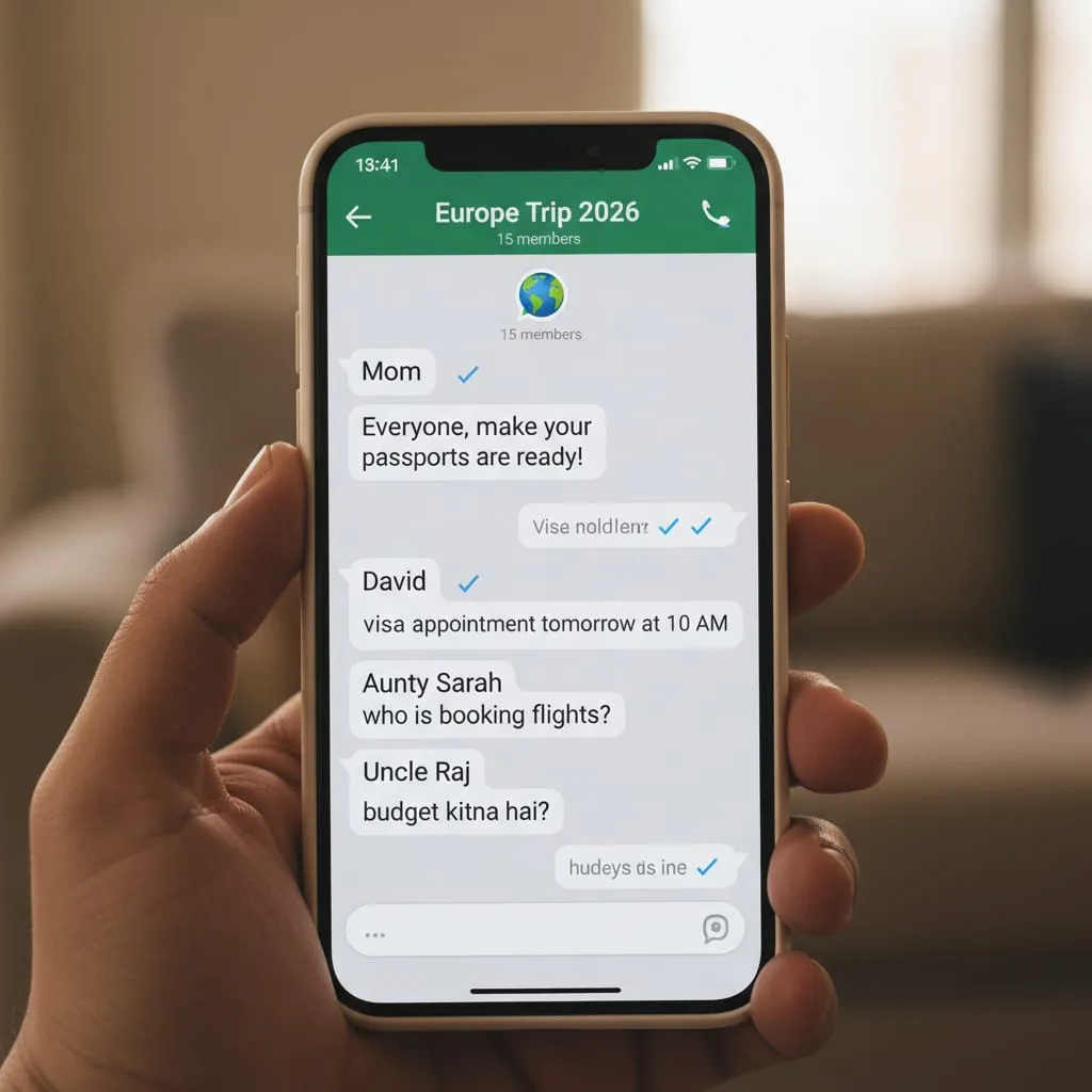 Large Indian families abroad coordinating trip via WhatsApp