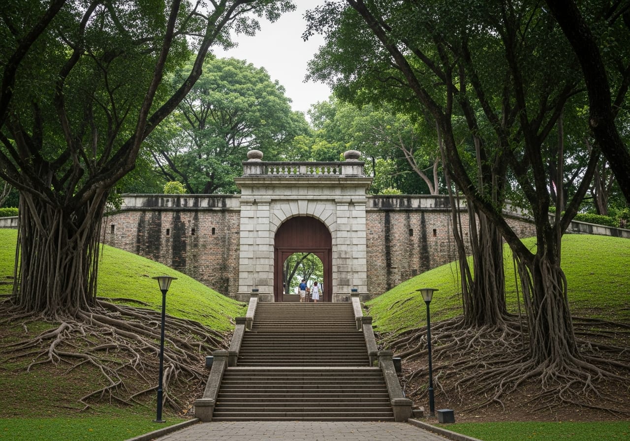 The old Fort Gate at Fort Canning Park Singapore on the green hilltop