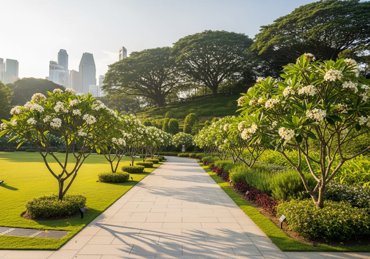 Landscaped garden path and concert lawn at Fort Canning Park Singapore at golden hour