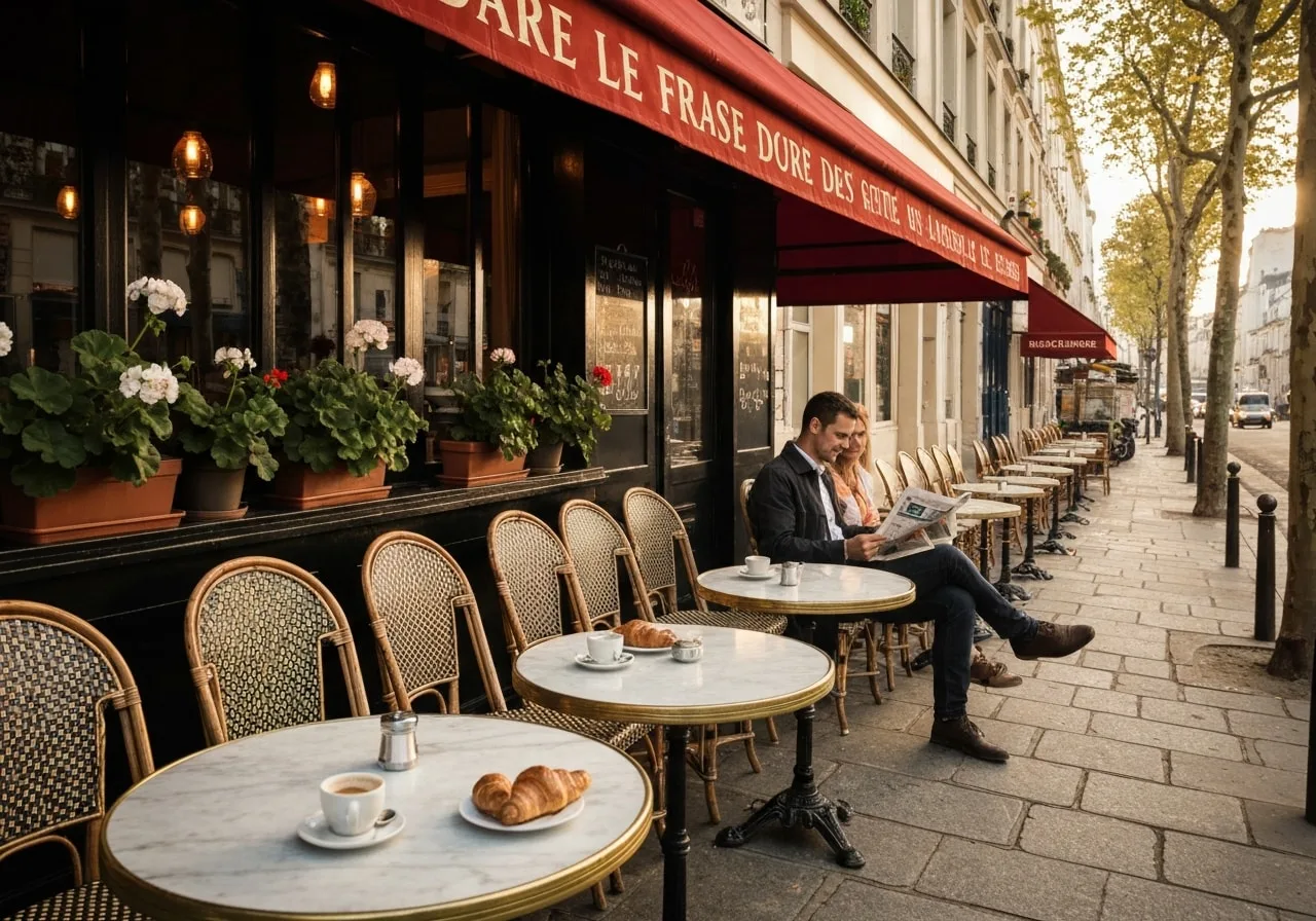 Parisian café terrace croissant breakfast