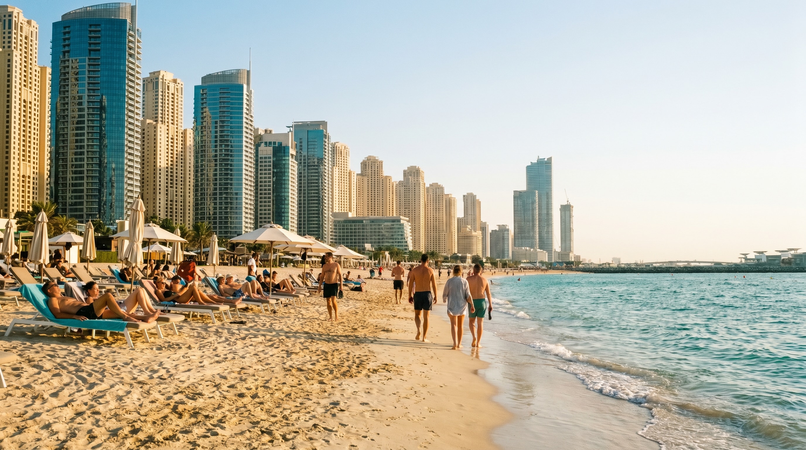 JBR public beach with Dubai Marina skyline, a free thing to do in Dubai