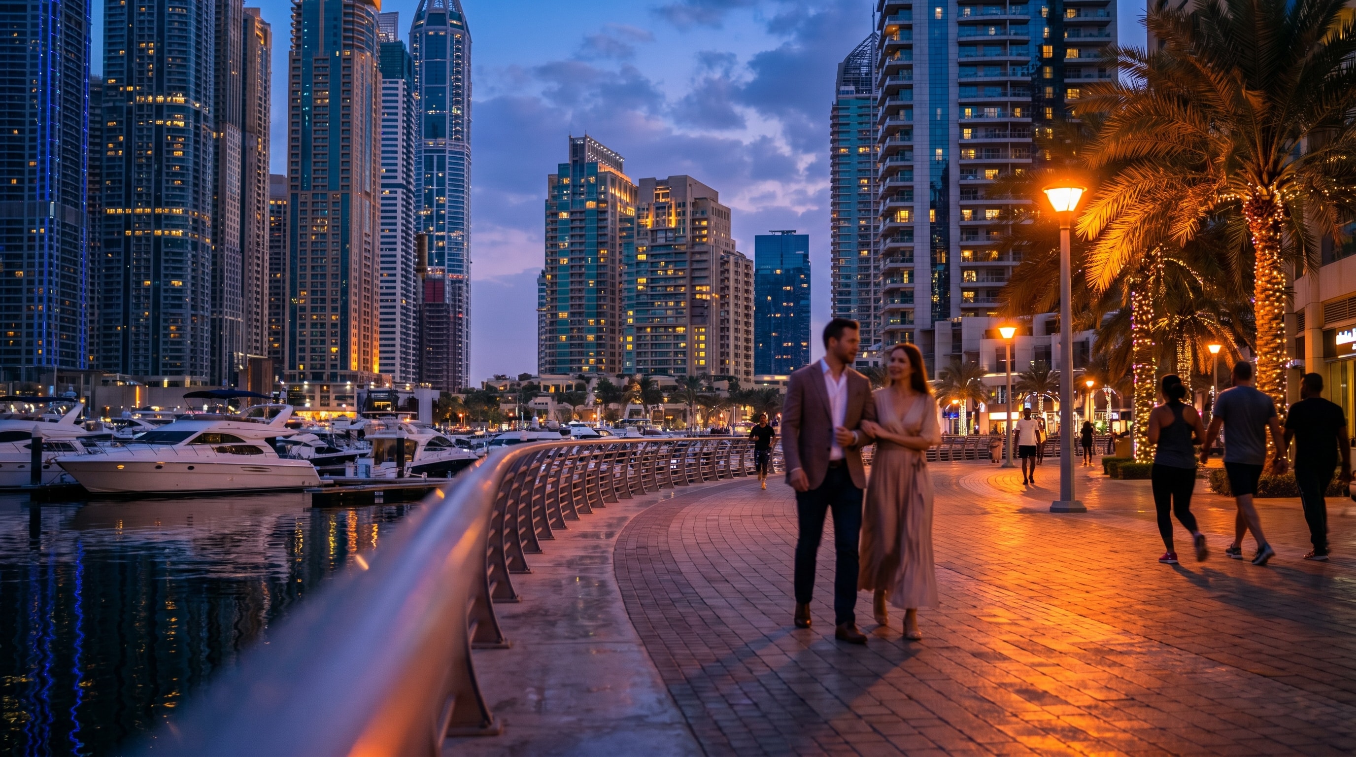 Dubai Marina promenade walk at dusk, free things to do in Dubai
